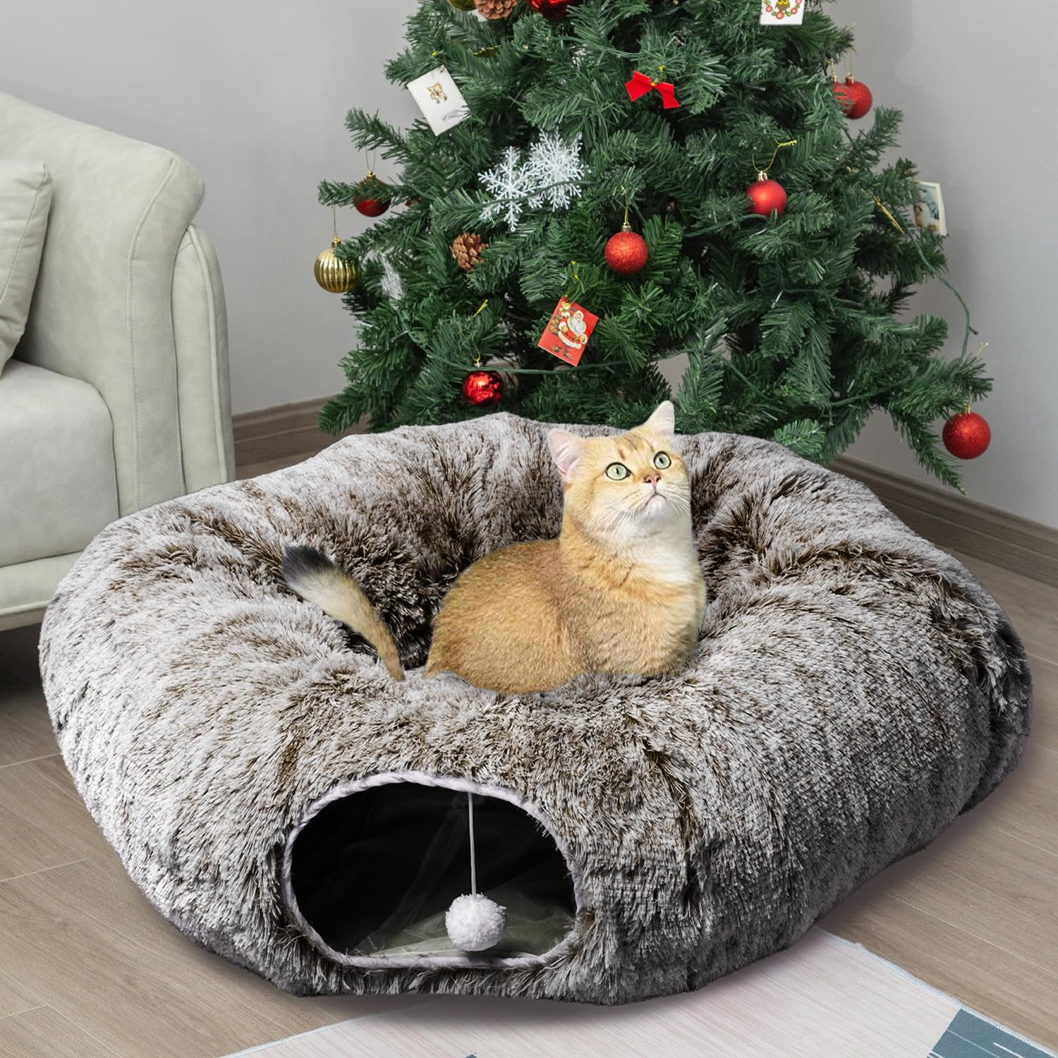 AUOON Cat Tunnel with Central Mat,Big Tube Playground Toys,Soft Plush Material,Full Moon Shape for Kitten,Cat,Puppy,Rabbit,Ferre