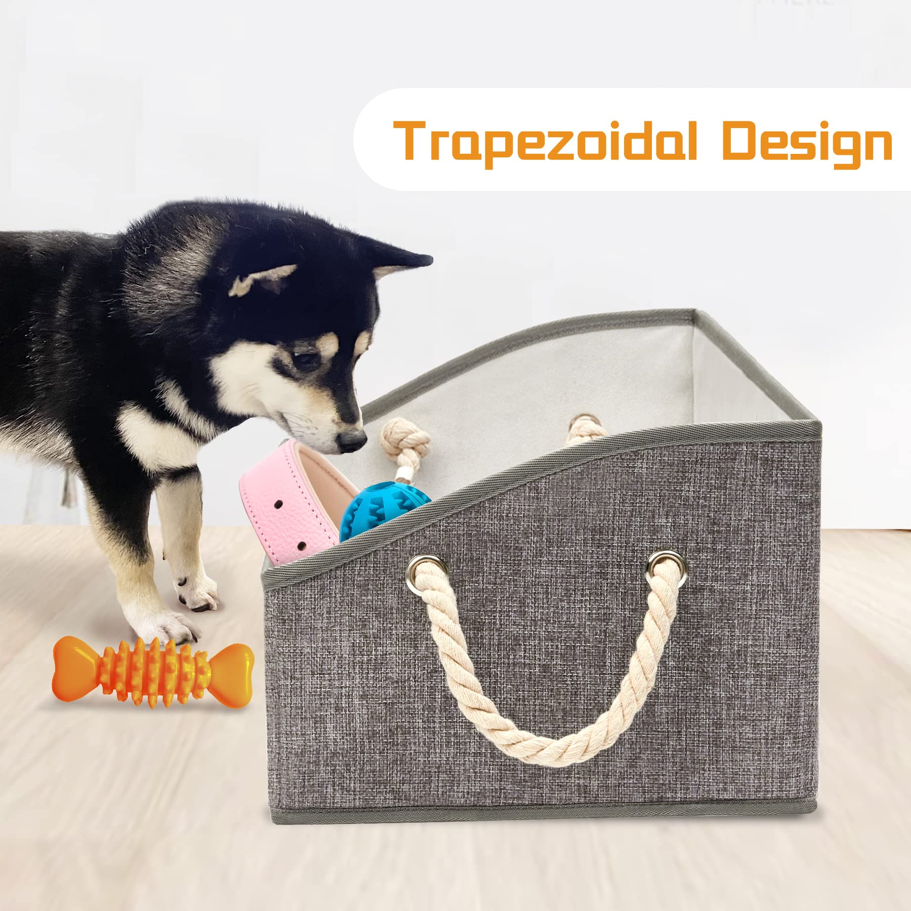 Thankspaw Dog Toy Box, Large Dog Toys Storage with Handle, Collapsible Dog Toy Bin, Fabric Trapezoid Basket Chest Organizer, Per