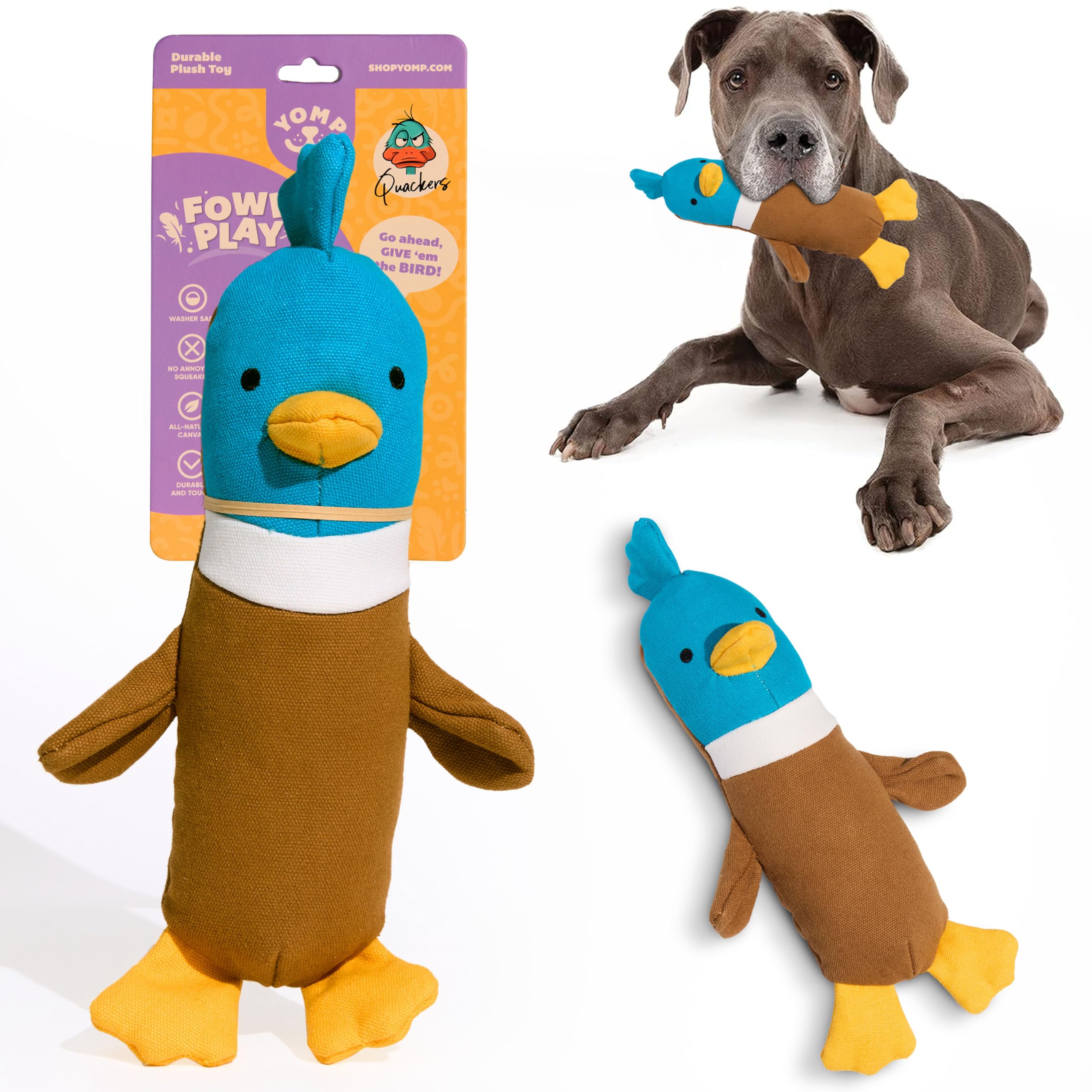 Yomp Duck Toy For Dogs - Durable Plush Chew Toy With Natural Canvas And Crinkle Paper - Interactive Stuffed Animal For Dogs (Qua