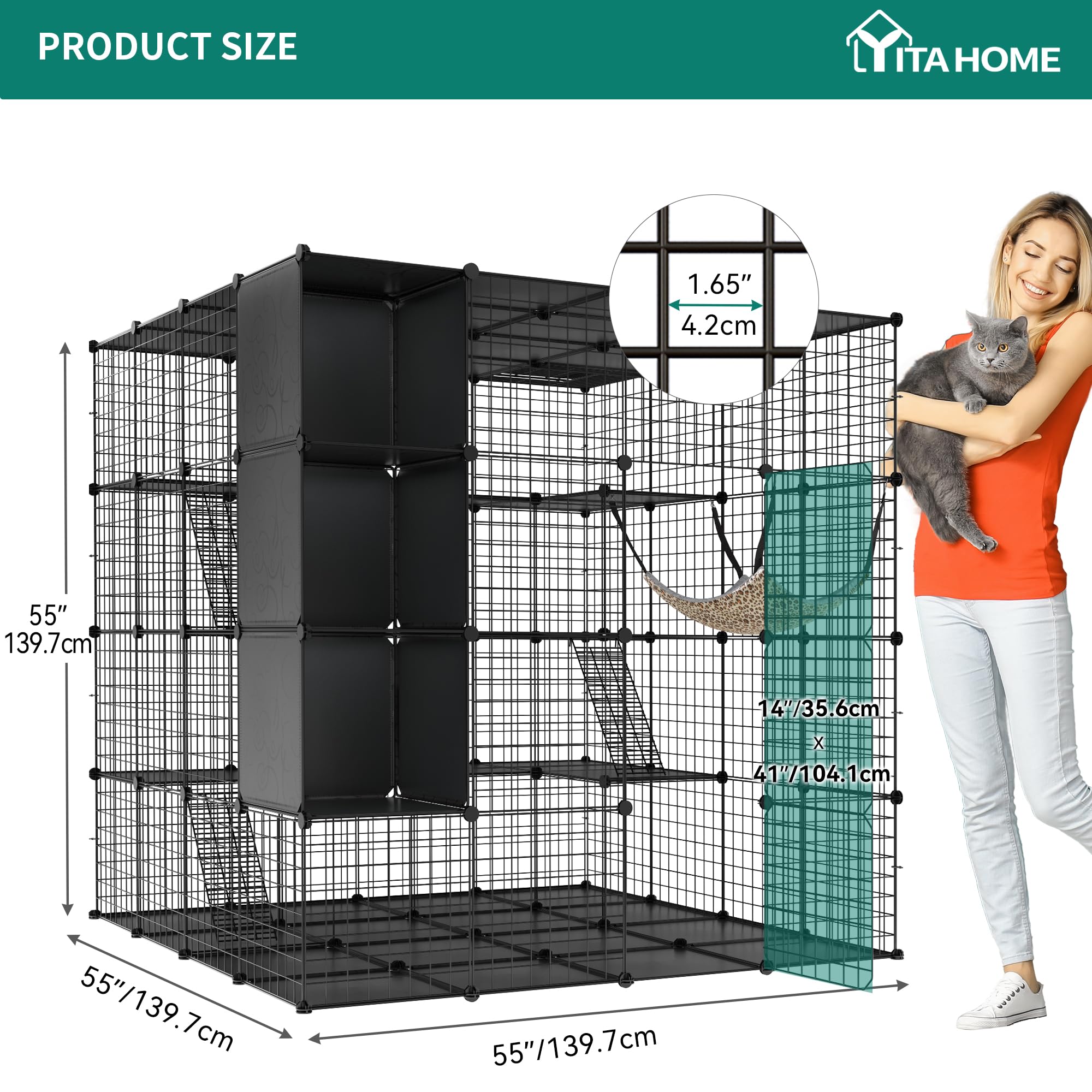 Yitahome 4 Tiers Large Cat Enclosure With Diy Storage Cube, Indoor Catio Playpen With Hammock For 1-4 Cats, Ideal For Home And T