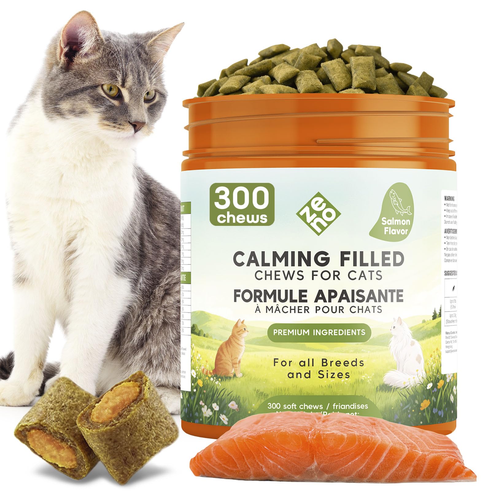 ZENO Hemp Calming Chews for Cats Anxiety 300 pcs - Feline Anxiety Relief with Melatonin - for Stress, Travel, Check-up, restless