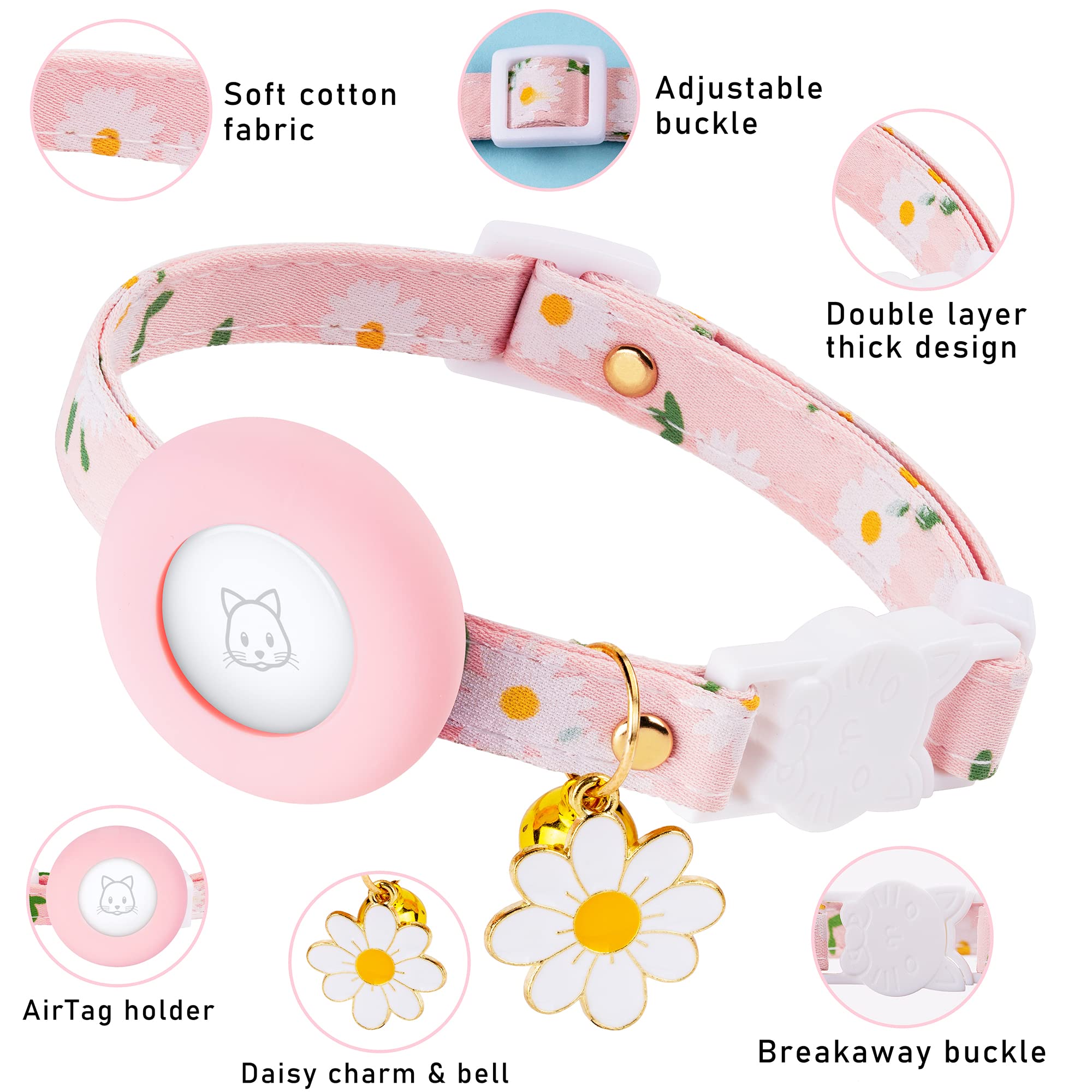 Airtag Cat Collar, Jxfukal Kitten Collar Breakaway With Silicone Airtag Holder, Bells & Flower Charm For Girl Cats Boy Cats Small Dogs(Pink)