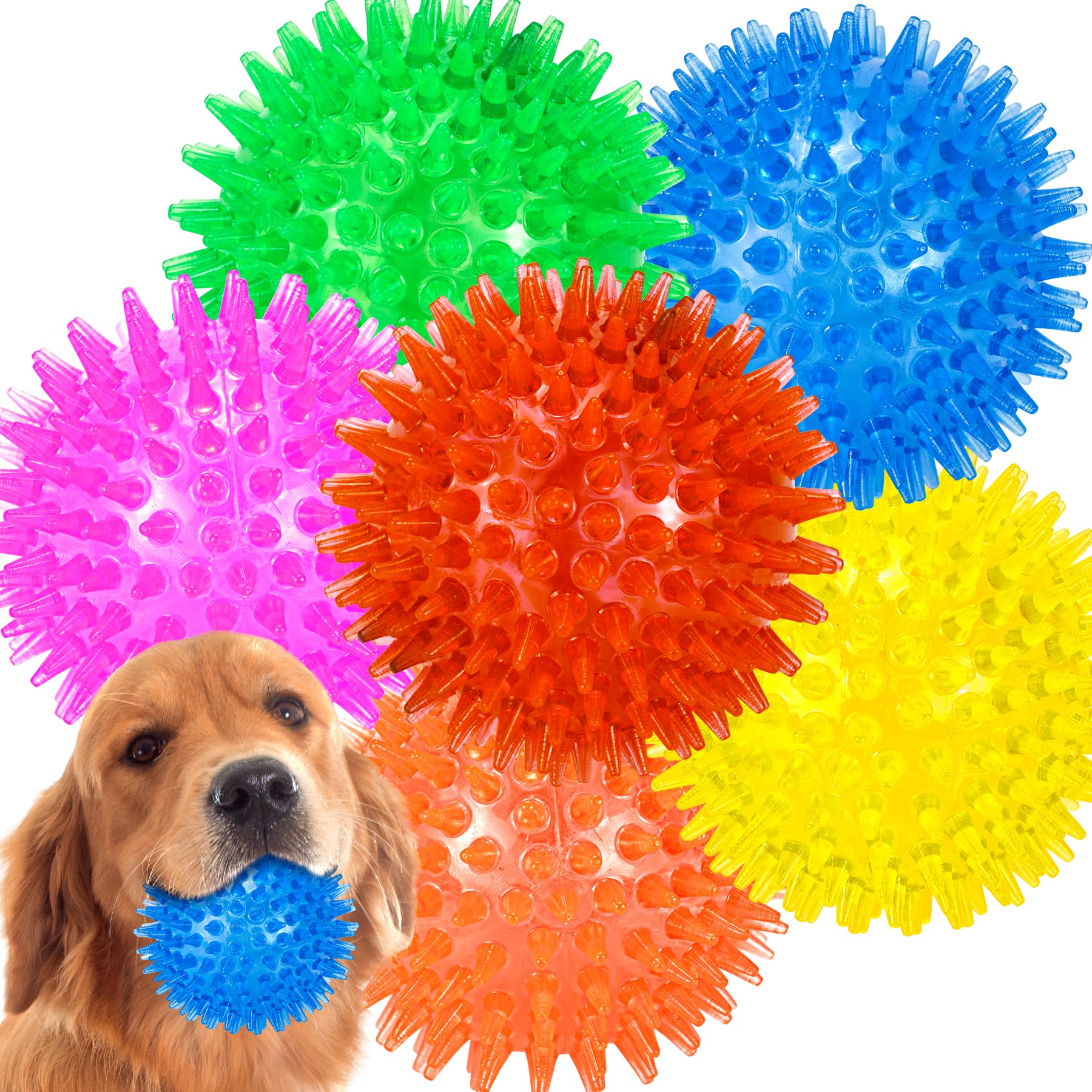 LECHONG 6-Pack 3.5    Squeaky Dog Balls, Durable Soft Spiky Chew Rubber Fetch Toy Balls for Large Medium Aggressive Chewers Teet
