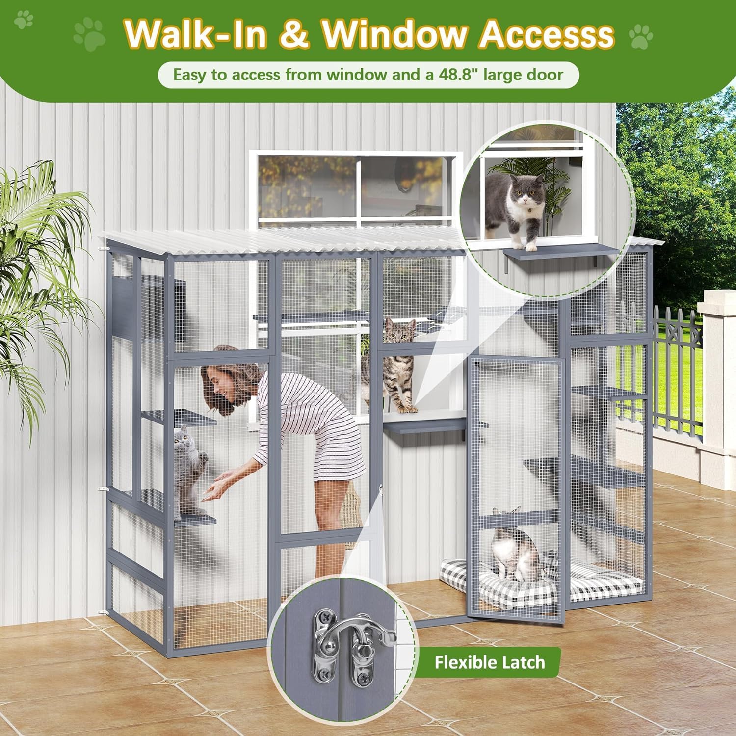 COZIWOW Catio Outdoor Cat Enclosure Window, 104 Wooden Large Catio Outside Cattery for Multiple Cats with Sloped Waterproof Cove