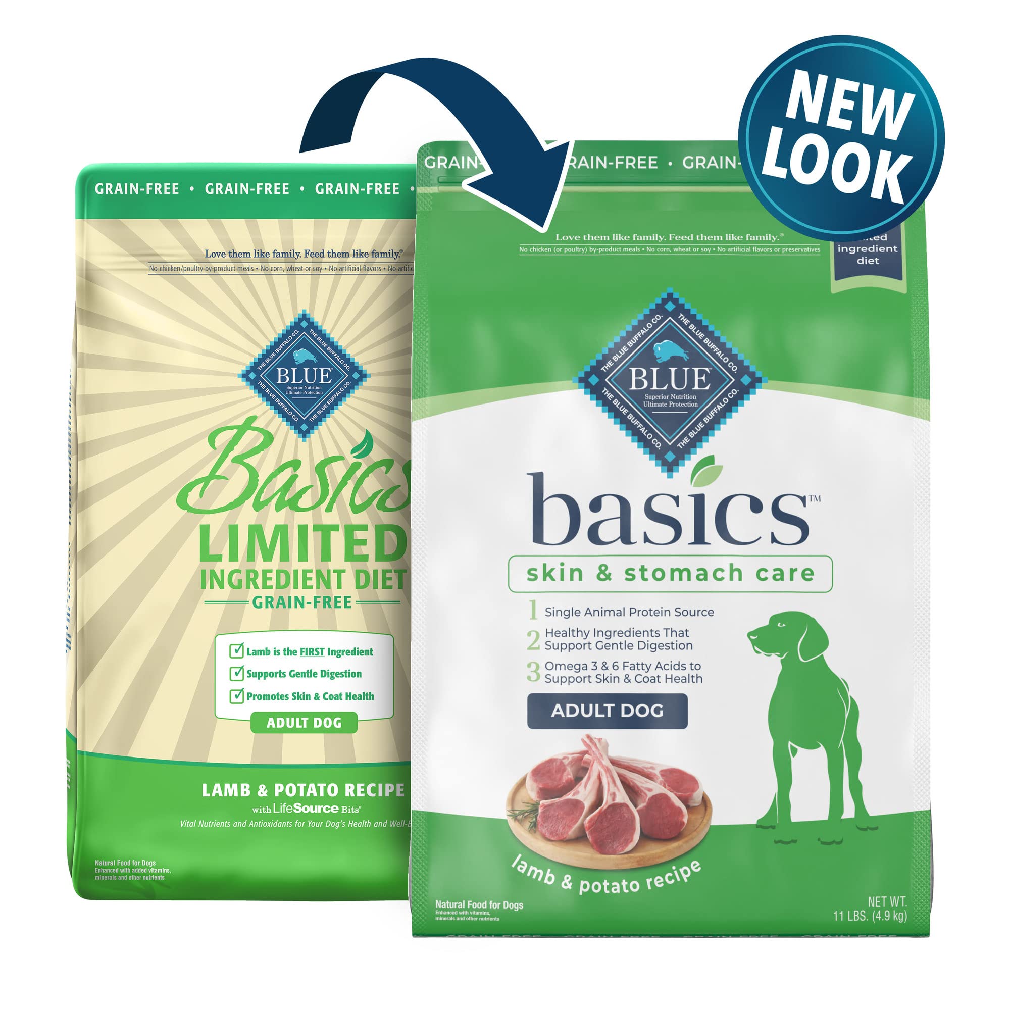 Blue Buffalo Basics Grain-Free Adult Dry Dog Food, Skin & Stomach Care, Limited Ingredient Diet for Dogs, Lamb Recipe, 11-lb. Ba