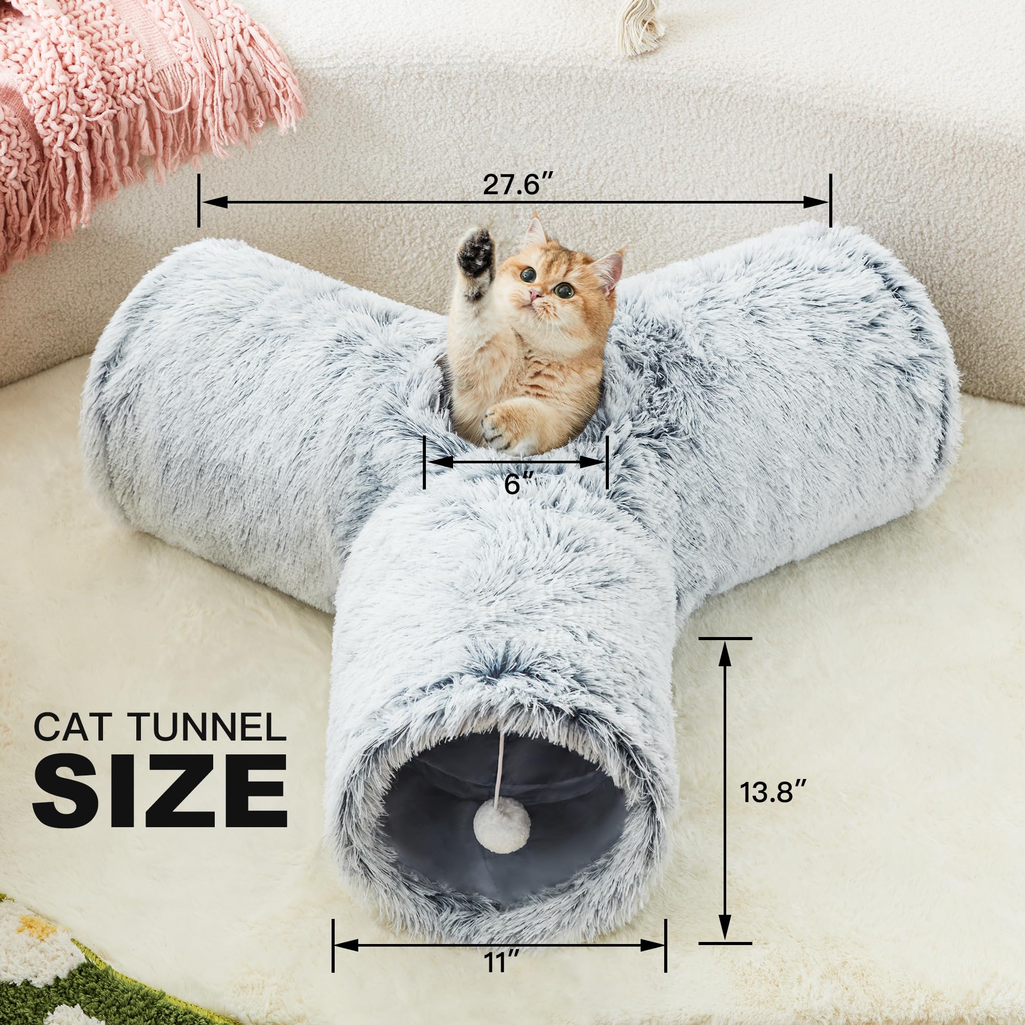 Tempcore Plush Pet Cat Tunnel Tube Cat Toys 3 Way Collapsible, Cat Tunnels For Indoor Cats,Kitty Tunnel Bored Cat Pet Toys Peek Hole Toy Ball Cat, Puppy, Kitty, Kitten, Rabbit Light Grey