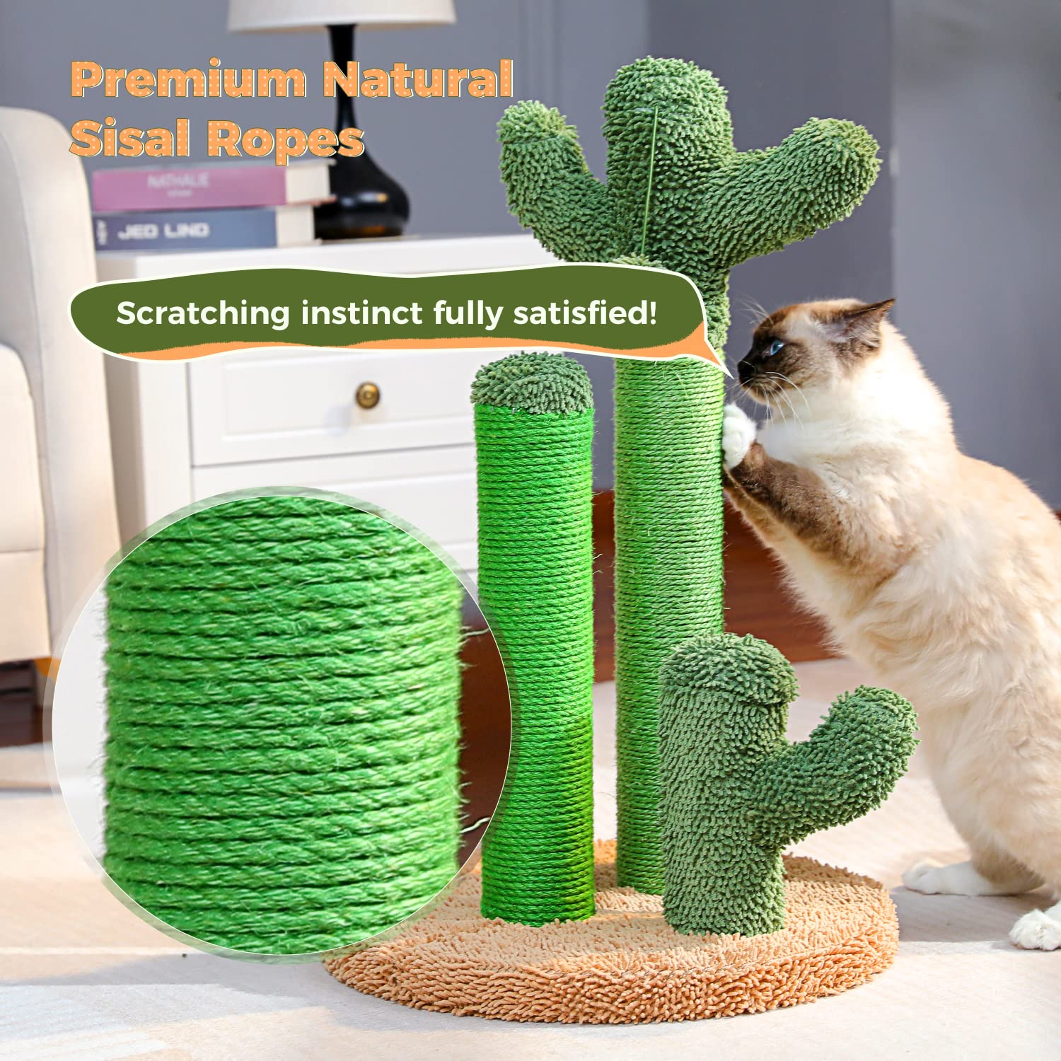 Pawz Road Cat Scratching Post Cactus Cat Scratcher Featuring With 3 Scratching Poles And Interactive Dangling Ball -Medium 23 Inches