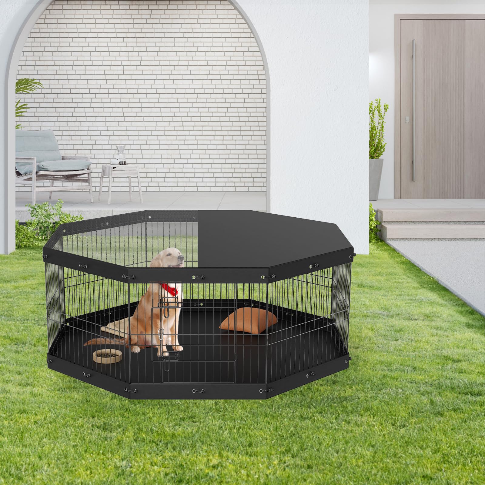 VEVOR Dog Playpen, 8 Panels Foldable Metal Dog Exercise Pen with Top Cover and Bottom Pad, 24 H Pet Fence Puppy Crate Kennel, In