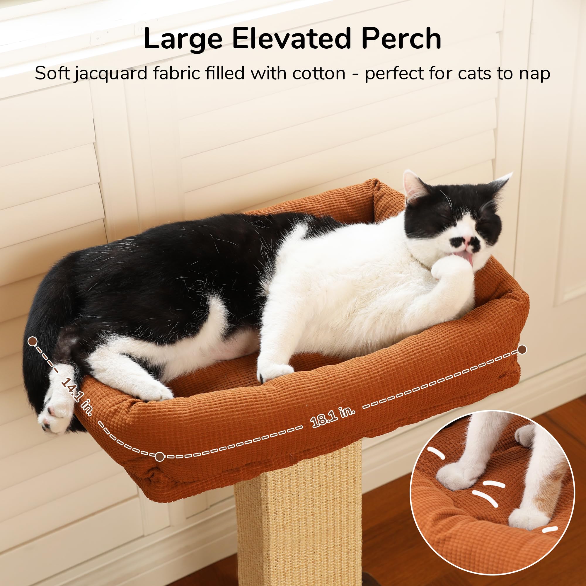 FUKUMARU Cat Scratching Post, Retro-Style Tall Scratch Posts with Perch for Infoor Cats Adults, Large Cat Scratcher Tower with B