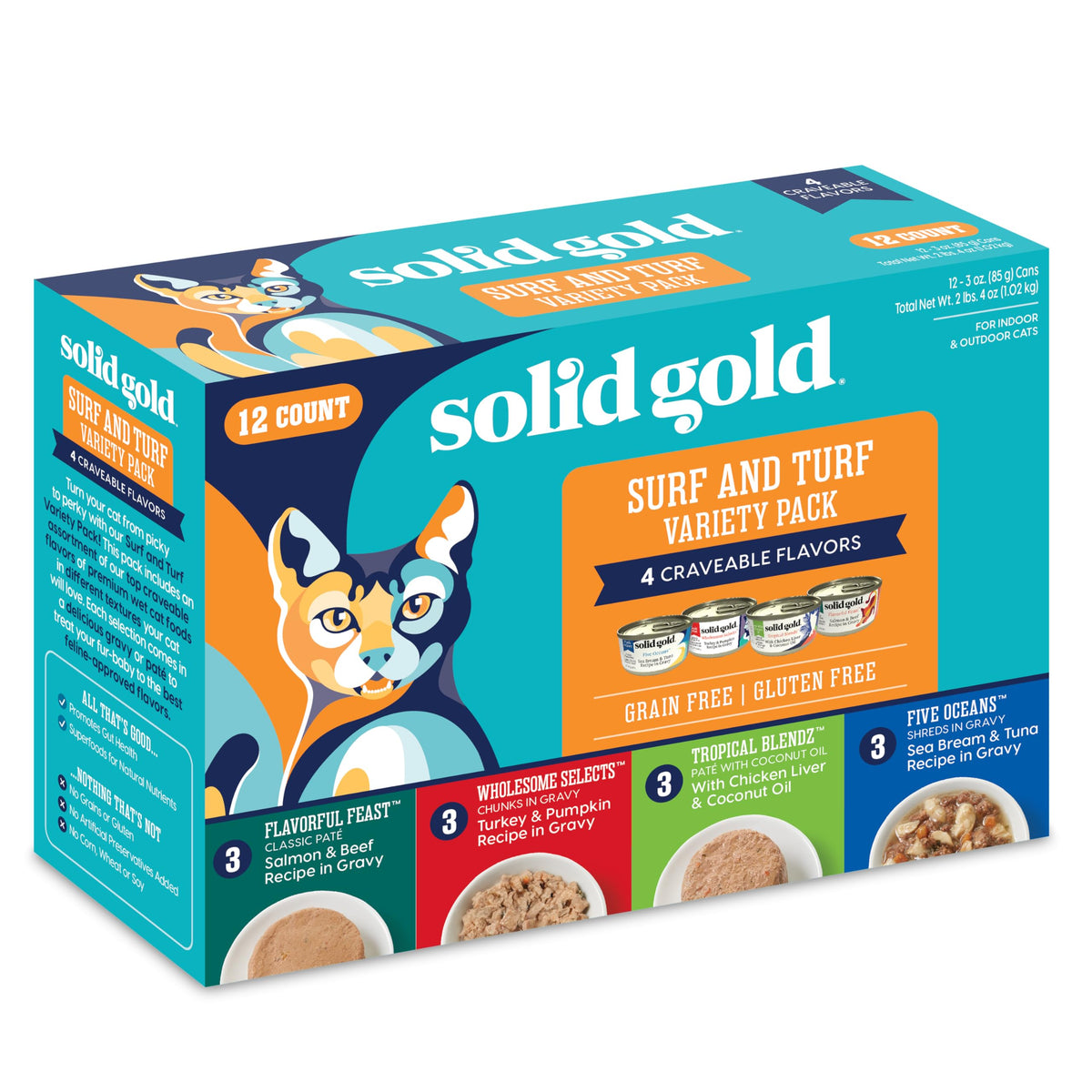 Solid Gold Wet Cat Food For Adult & Senior Cats 12 Pack - Surf & Turf Wet Cat Food Variety Pack - Made With Real Protein For Healthy Digestion And Sensitive Stomach