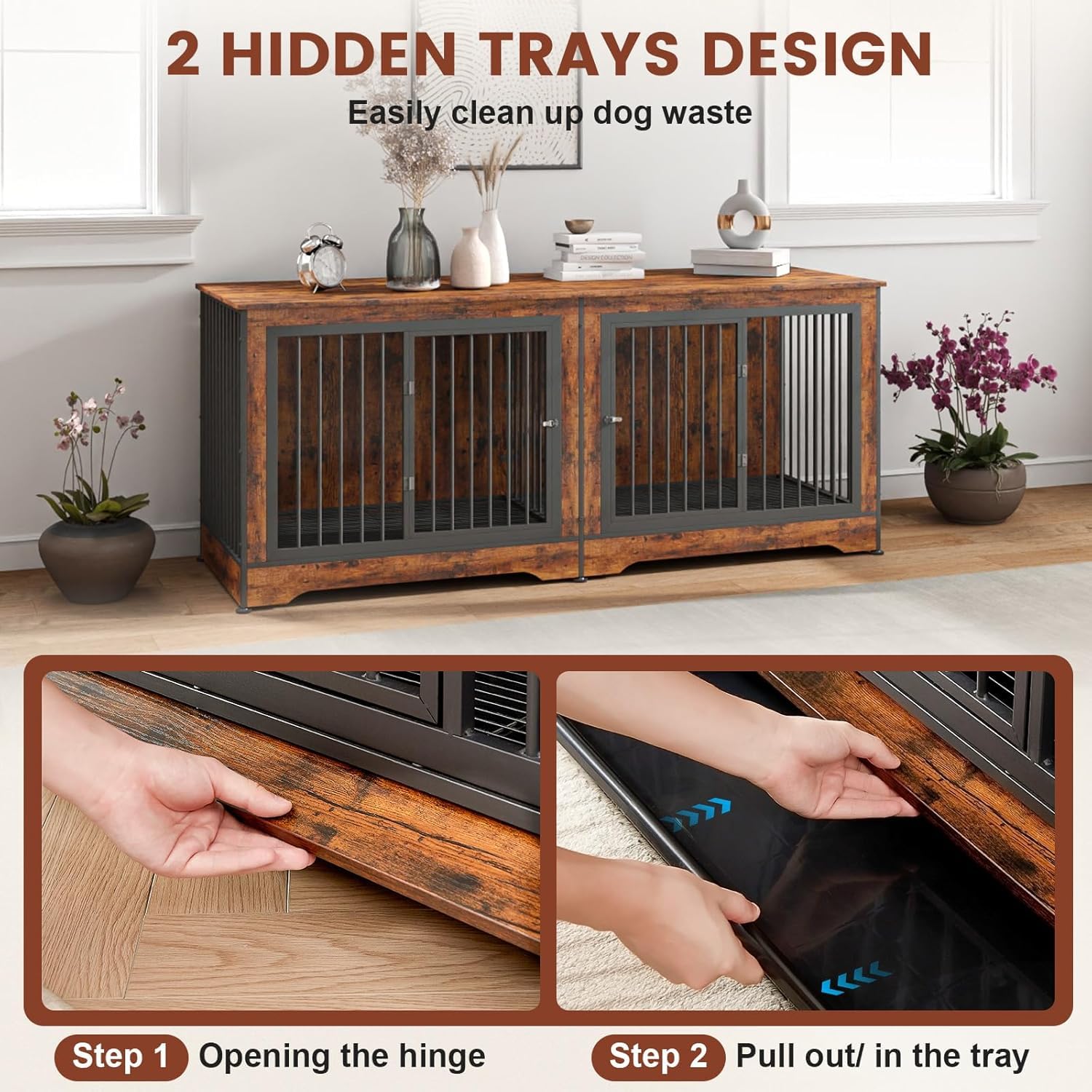 Yafylly 75 Inch Double Dog Crate Furniture, 3 in 1 Dog Cage for Large Dogs, Durable Brown TV Stand Dog Crate with Trays and Divi