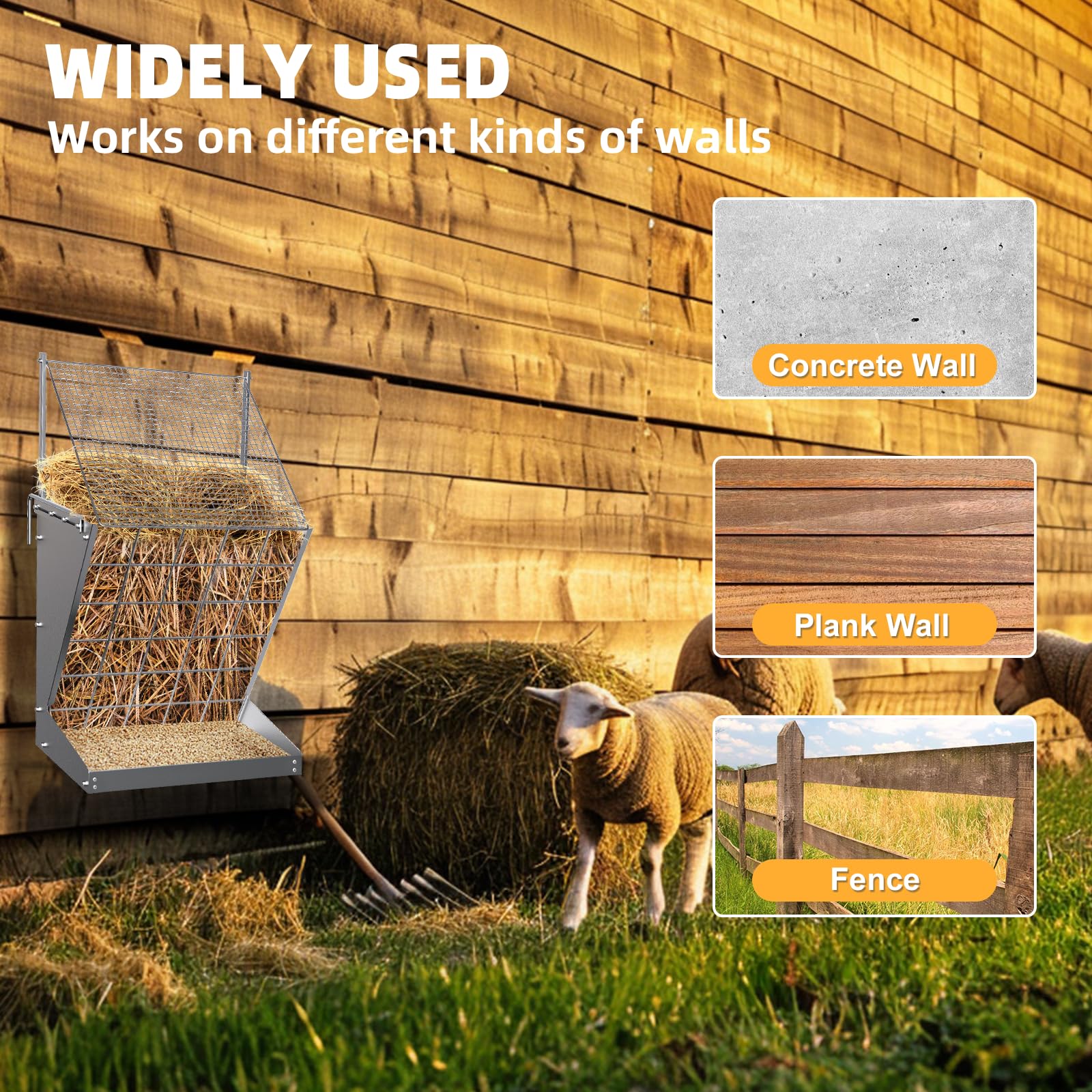 Wall Mount Hay Rack, 2 in-1 Goat Hay Feeder with Hook, 19 Gallons Heavy Duty Galvanized Wall Hay Rack, Livestock Feeder with Adj