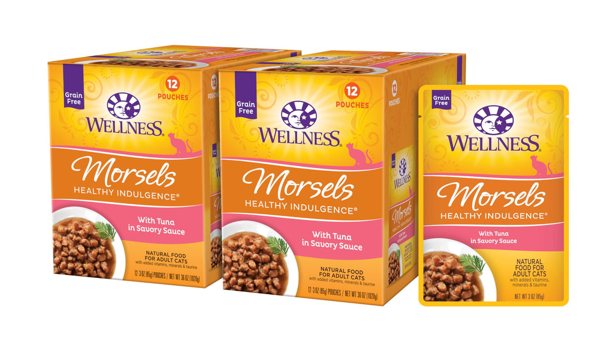 Wellness Healthly Indulgence Morsels Adult Wet Cat Food, Natural, Protein-Rich, Grain Free, 3 Ounce Pouch, 24 Pack, (Tuna)