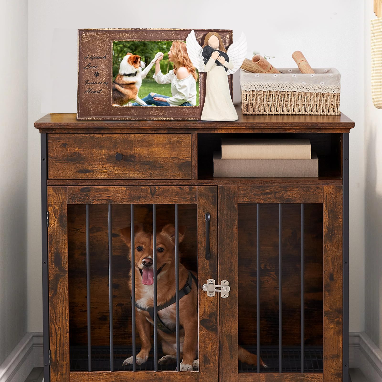 Symbullize Pet Memorial Frame With Guardian Angel Sculpture - Handcrafted Resin 4X3 Inch Photo Display For Dogs & Cats, Memorial