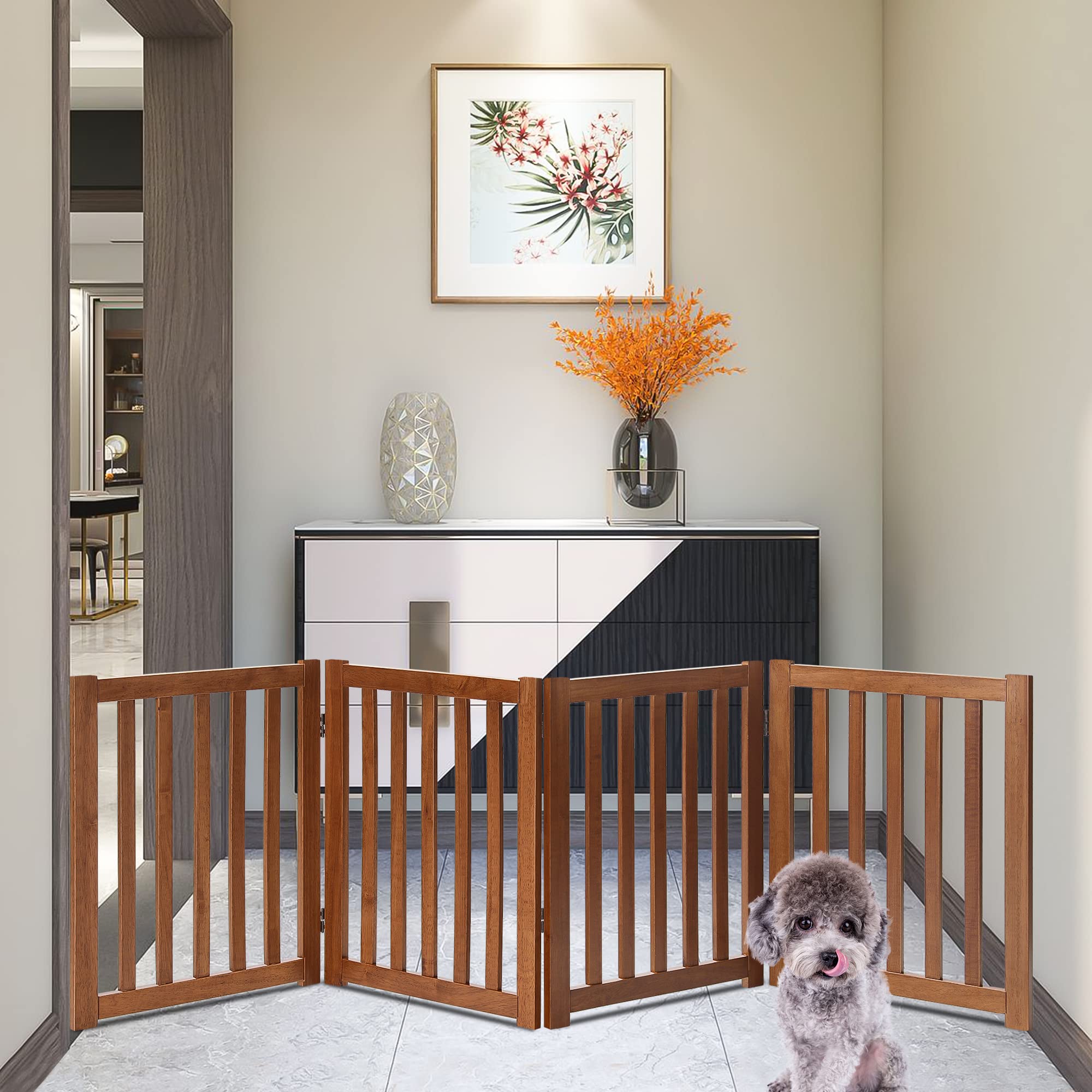 Lzrs Solid Hardwood Freestanding Pet Gate,Wooden Dog Gates For Doorways,Nature Wood Dog Gates For The House,Dog Gate For Stairs,Freestanding Indoor Gate Safety Fence,Oak,24' Height-4 Panels