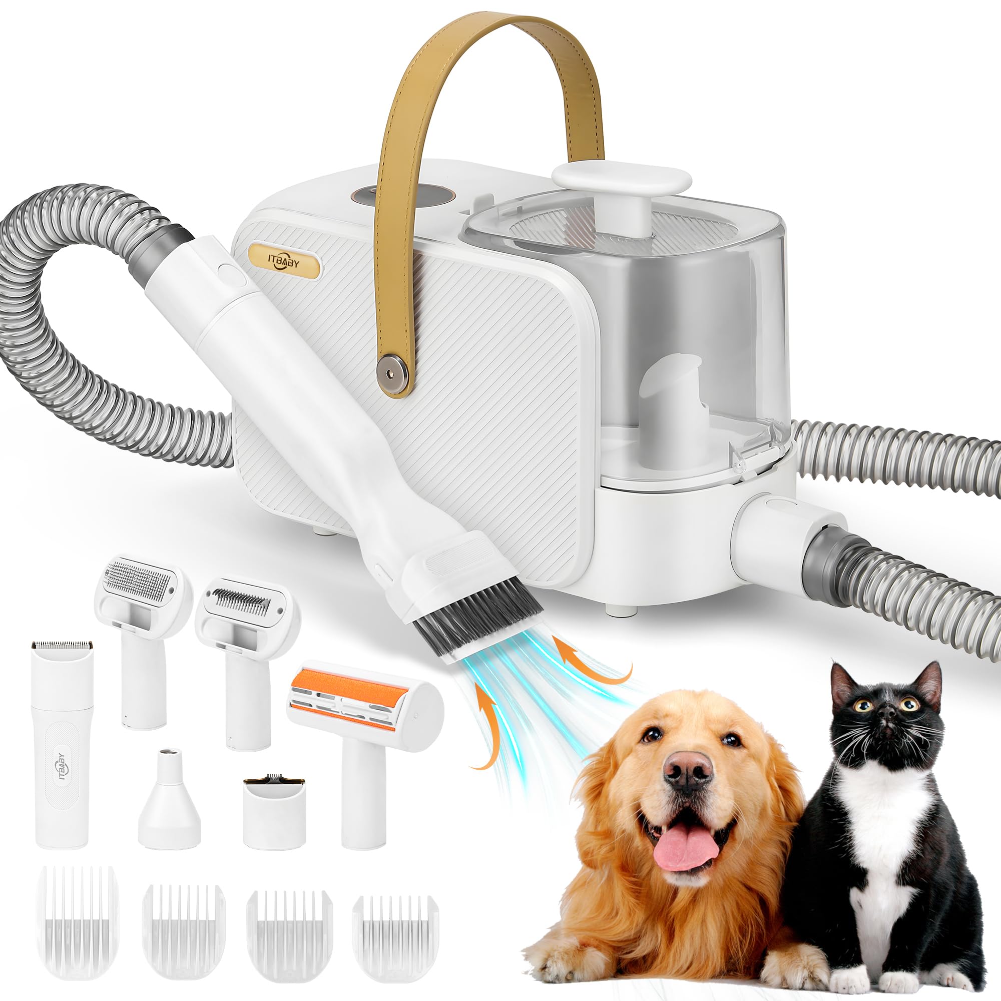 Itbaby 2.5L Dog & Cat Grooming Kit - Professional Clippers With 8 Tools, Quiet Pet Vacuum Groomer (White)
