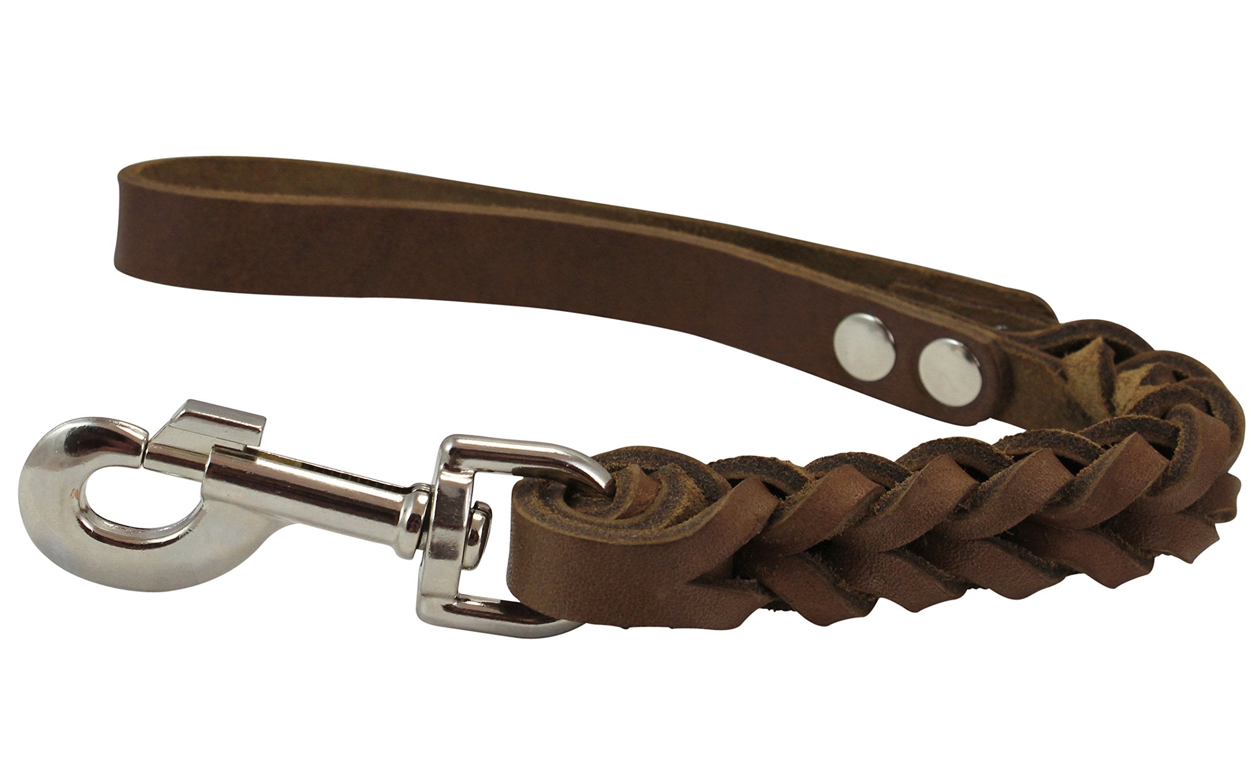 Dogs My Love Brown Leather Braided Dog Short Traffic Leash 12' Long 4-Thong Square Braid For Large Breeds