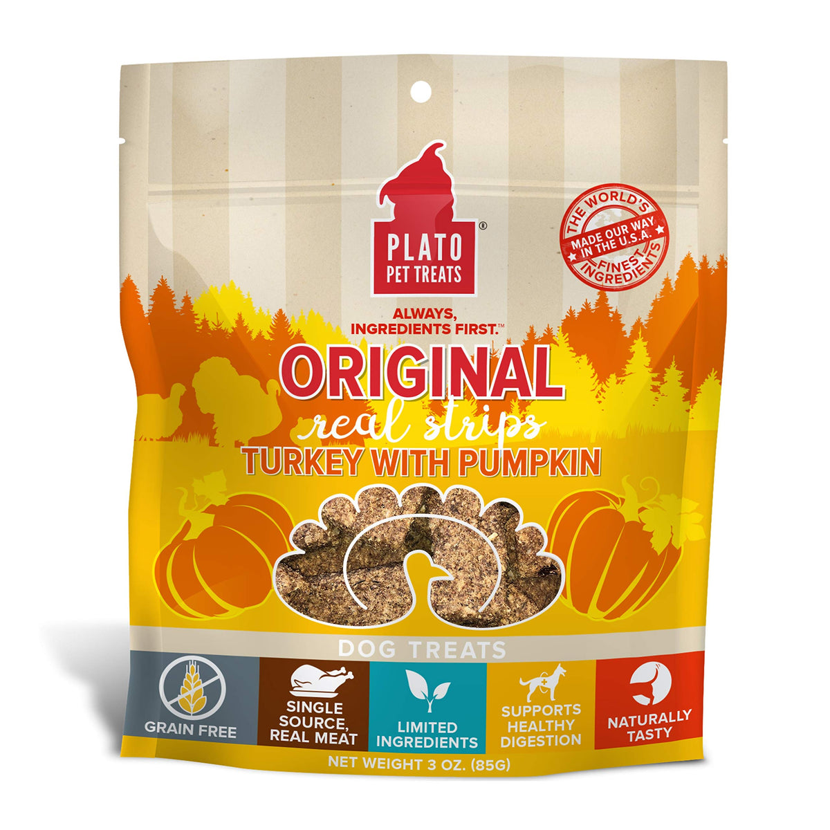Plato Turkey Real Strips Natural Dog Treats - Real Meat - Air Dried - Made In The Usa - Turkey & Pumpkin, 3 Ounces