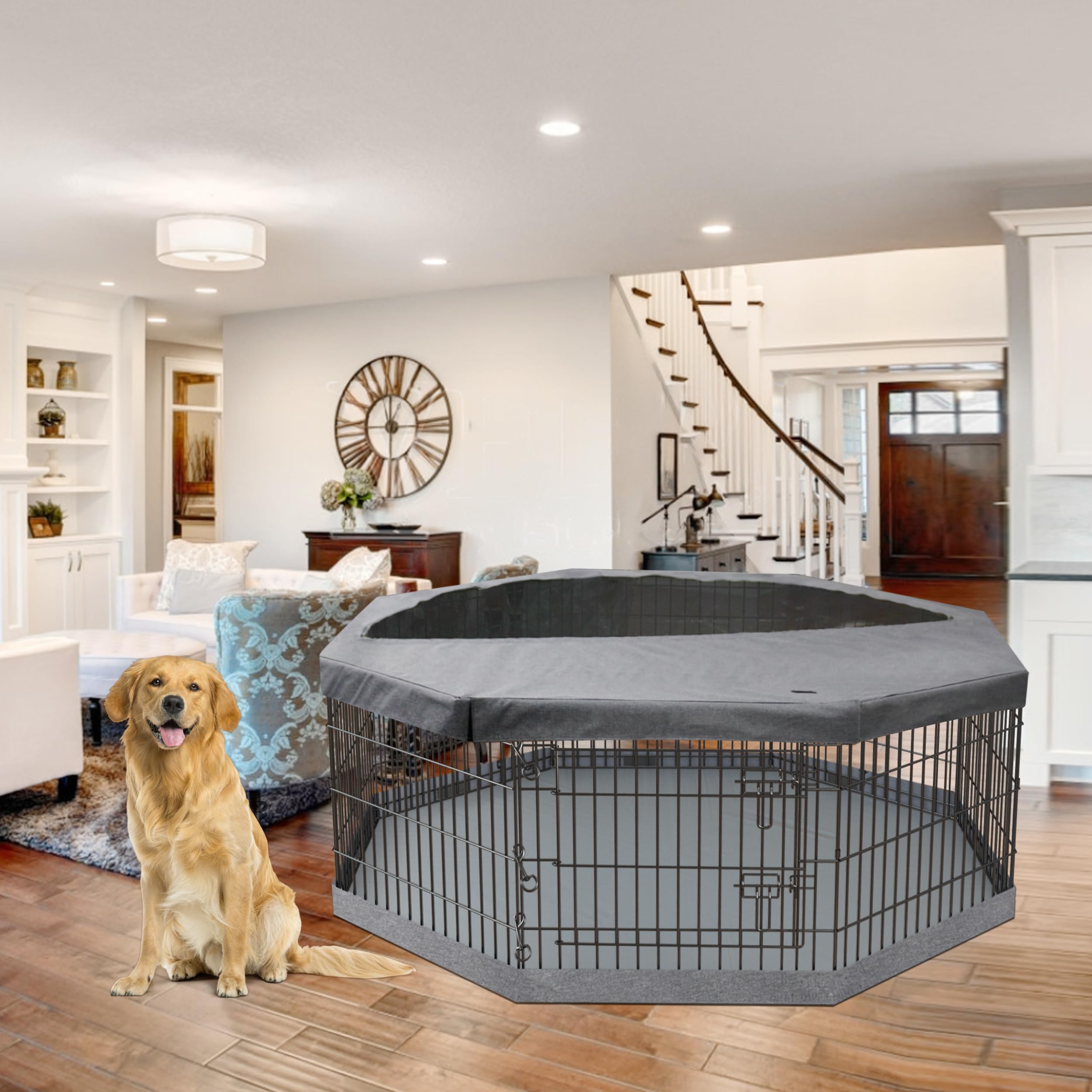 Petime Foldable Metal Dog Exercise Pen/Pet Puppy Playpen Kennels Yard Fence Indoor/Outdoor 8 Panel 24' W With Top Cover And Bot