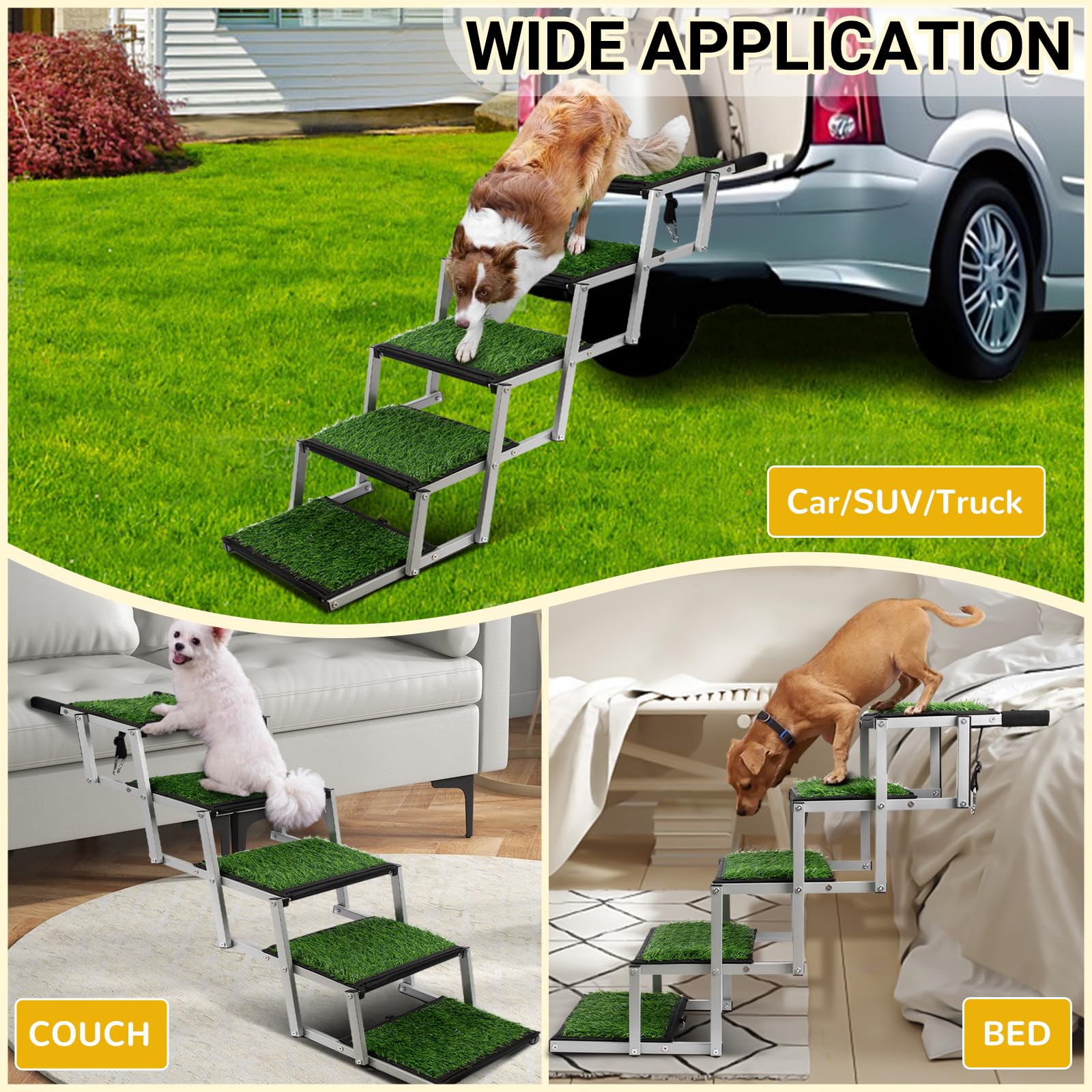 Dog Stairs For Car, Portable Folding Dog Ramps,Dog Steps For Large Dogs With Non-Slip Grass Rug For Cars, Suv, Trucks, Lightweig