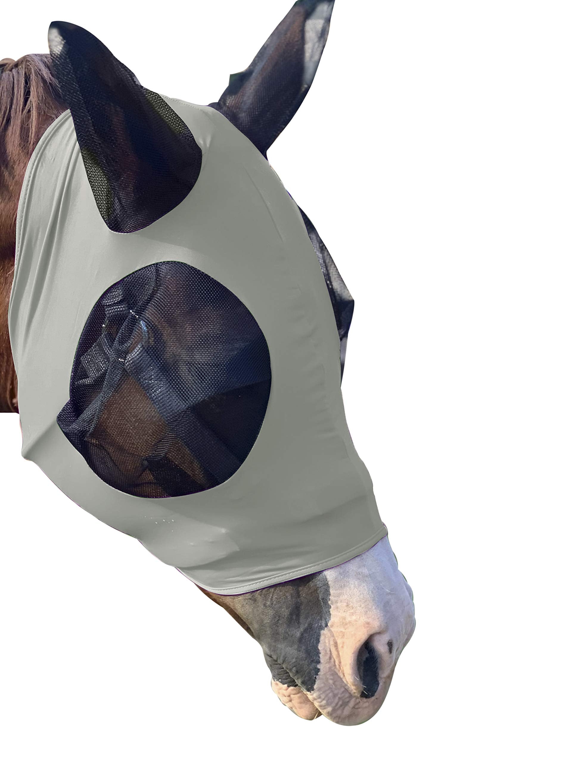 Stretchy Horse Fly Mask with Ears Comfort Fit Mesh Trail Pasture Sun UV Protection (Horse, Gray)