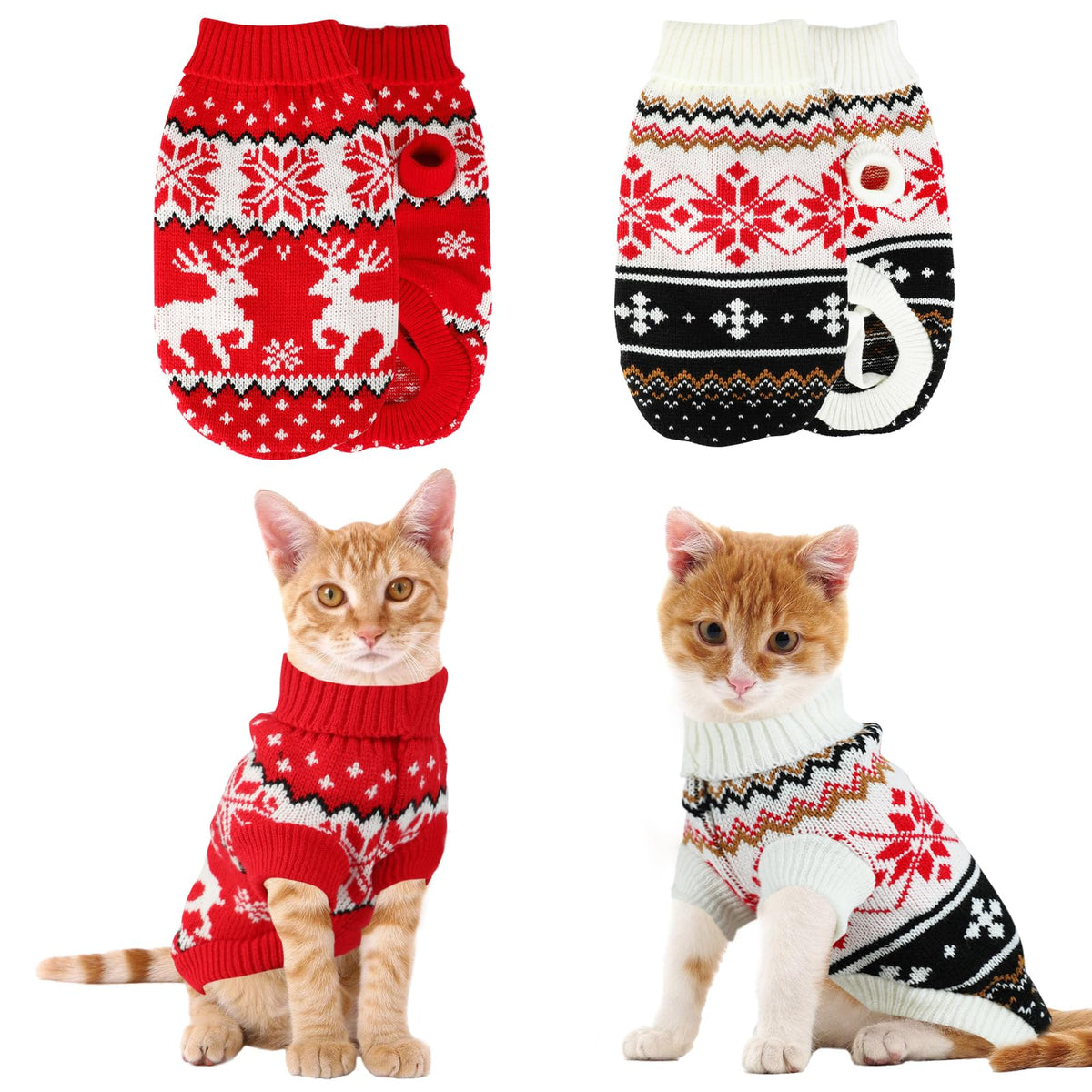 Rypet 2 Packs Cat Christmas Sweater Turtleneck, Pet Cold Weather Pullover Classic Knitwear Reindeer Snowflake Xmas Cat Sweater F