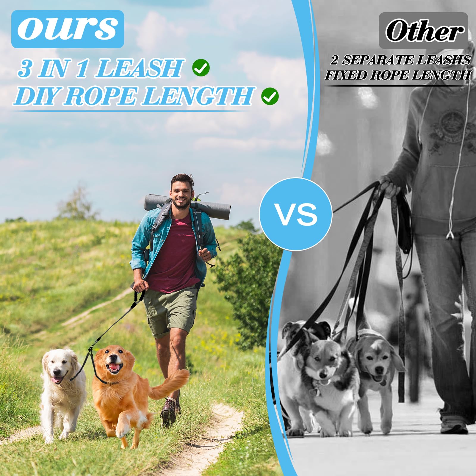 Dog Double Leashes,5-In-1 Pet Leash For Multiple Pets - Heavy Duty Dog Cat Lead With Reflective Stripes, Comfort Grip & Durable