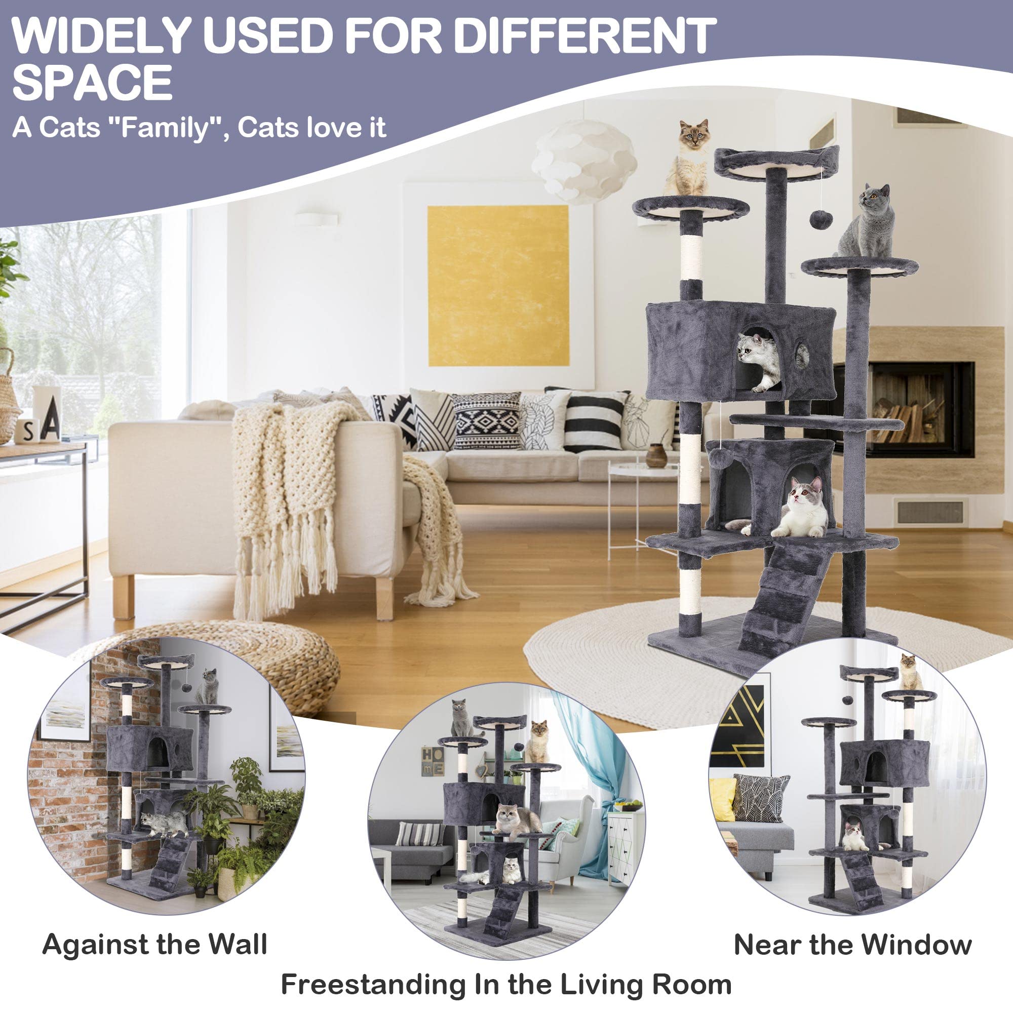 54 Inches Cat Tree For Indoor Cats, Multi-Level Cat Tree Cat Tower With Sisal-Covered Scratching Posts, Stable Cat Trees And Tow