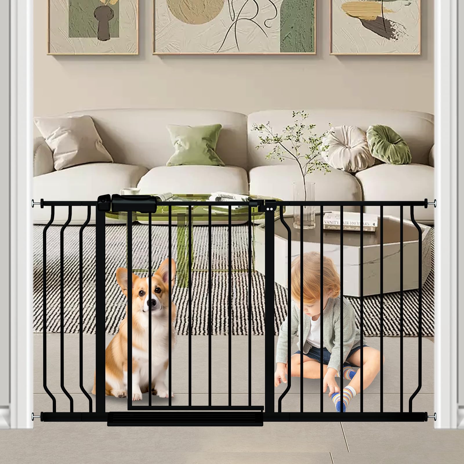 Extra Wide Baby Gate Black 48-53 Inch Wide, Walk Through Pressure Mounted No Drill, Long And Large Tension Gate For Pet And Kids