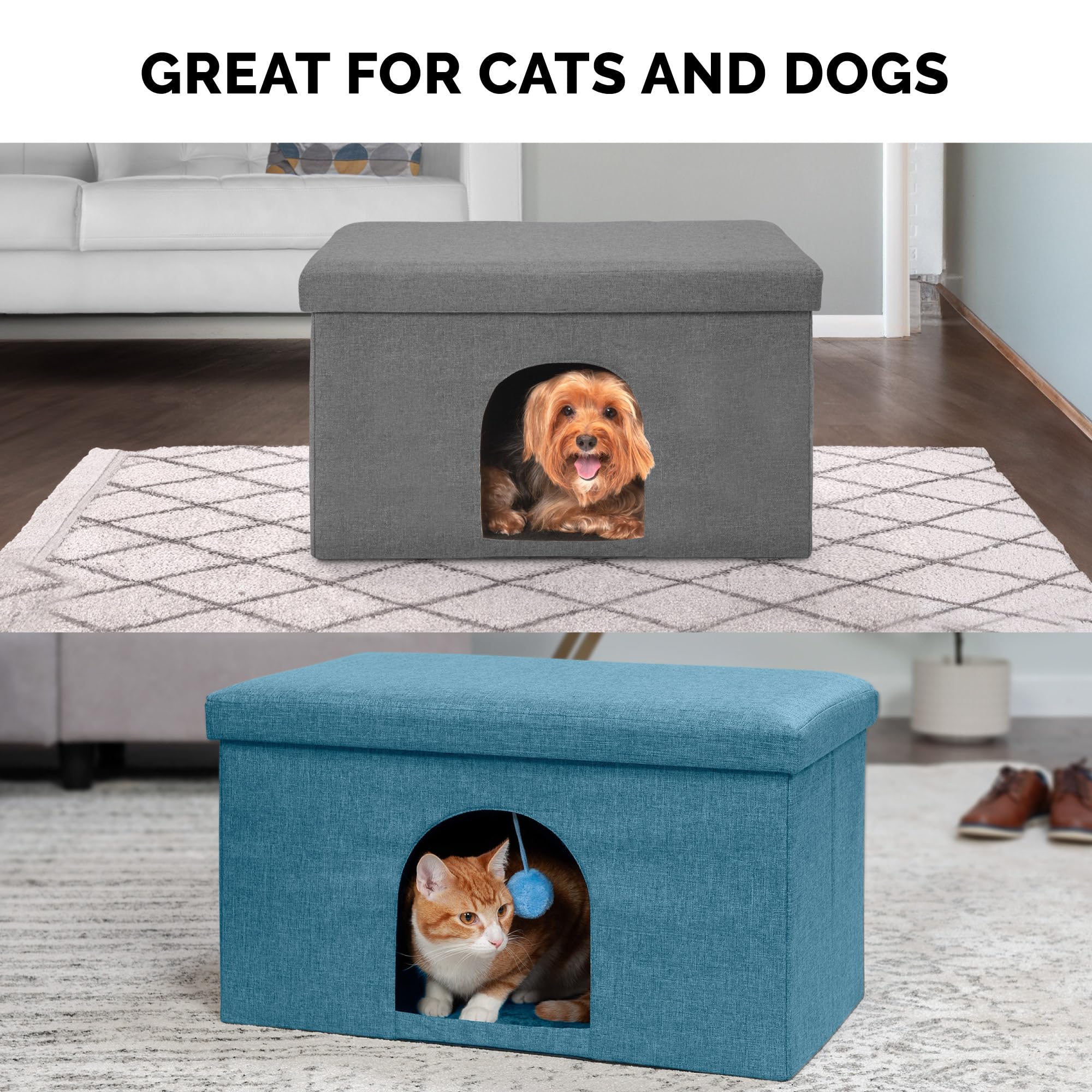 Furhaven Pet House for Indoor Cats & Medium/Small Dogs, Collapsible & Foldable w/ Plush Ball Toy - Living Room Ottoman Cat Condo