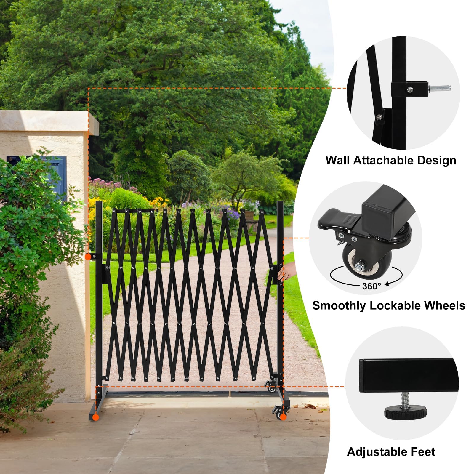 Smonter Expandable Barricade Gate, 129'' Metal Safety Barrier Gate With Casters, Accordion Garden Yard Fence Portable Dog Gates