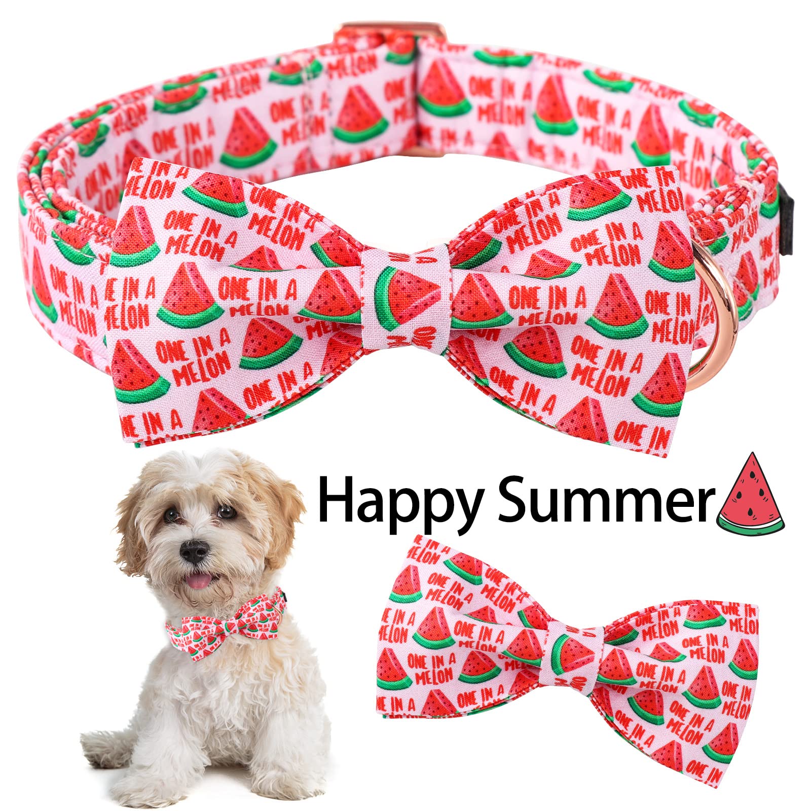 ARING PET Summer Dog Collar-Pink Watermelon Dog Collar with Bow, Adjustable Cotton Bowtie Dog Collar Pet Collars with Metal Buck