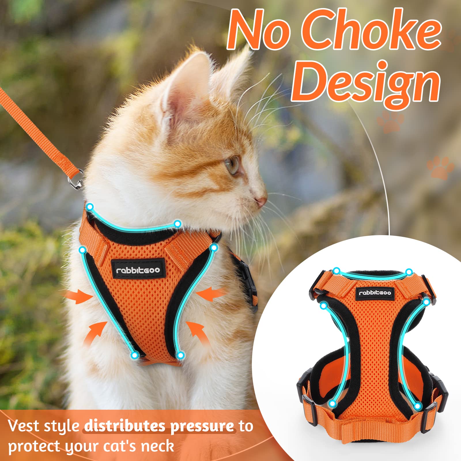 Rabbitgoo Cat Harness And Leash For Walking, Escape Proof Soft Adjustable Vest Harnesses For Cats, Easy Control Breathable Reflective Strips Jacket, Orange, Xs