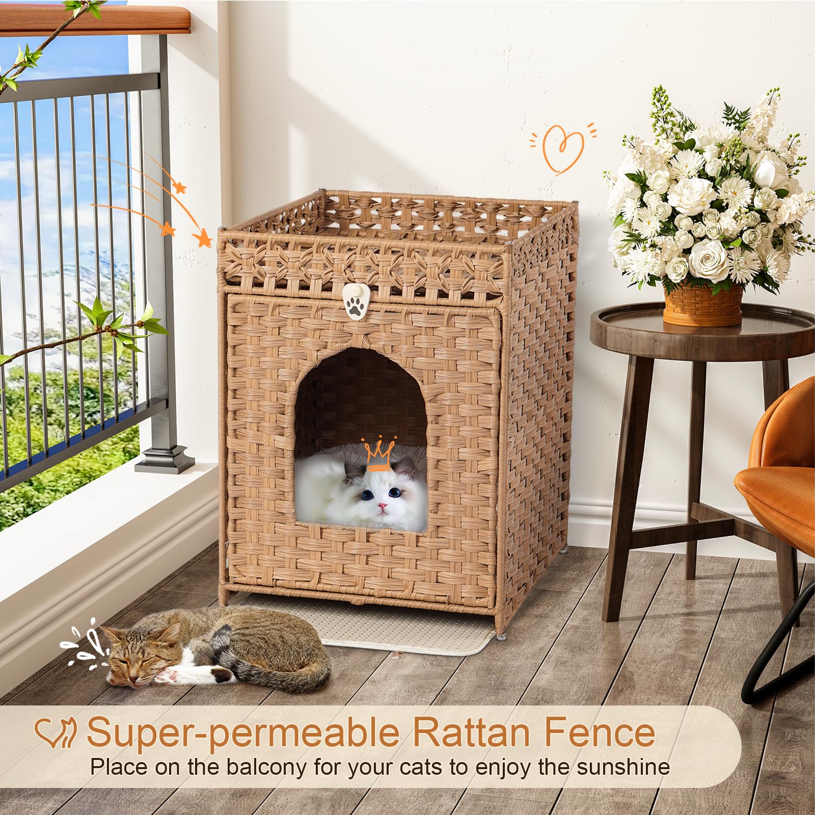 Snughome Cat Litter Box Enclosure Furniture Hidden With Cat Litter Mat, Hidden Cat Washroom Furniture With Door, Handwoven Ratta