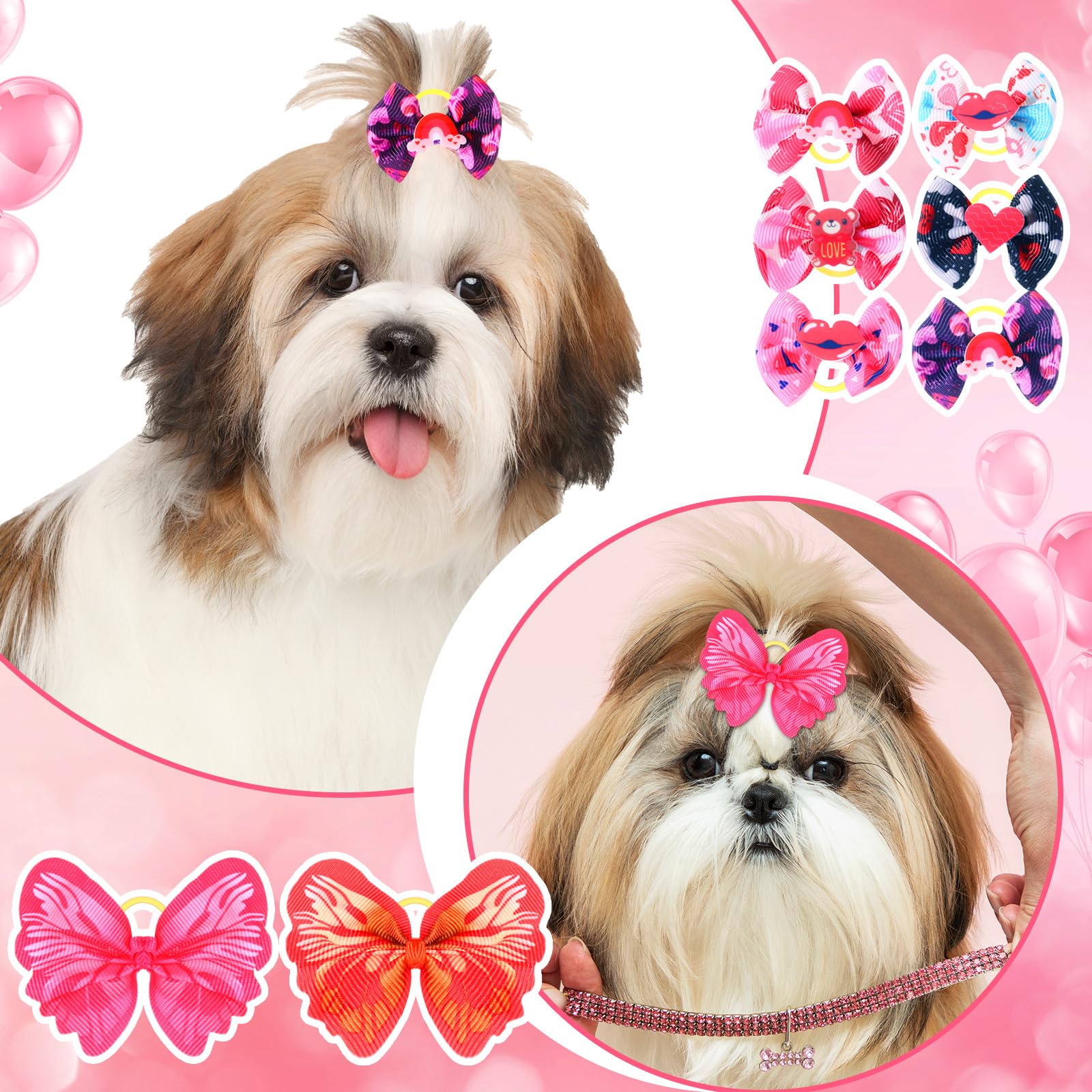 Wavwavw 52 Valentines Dog Hair Bows Bulk With Rubber Bands Valentine Heart Dog Grooming Bows Holiday Party Cute Pet Puppy Cat He