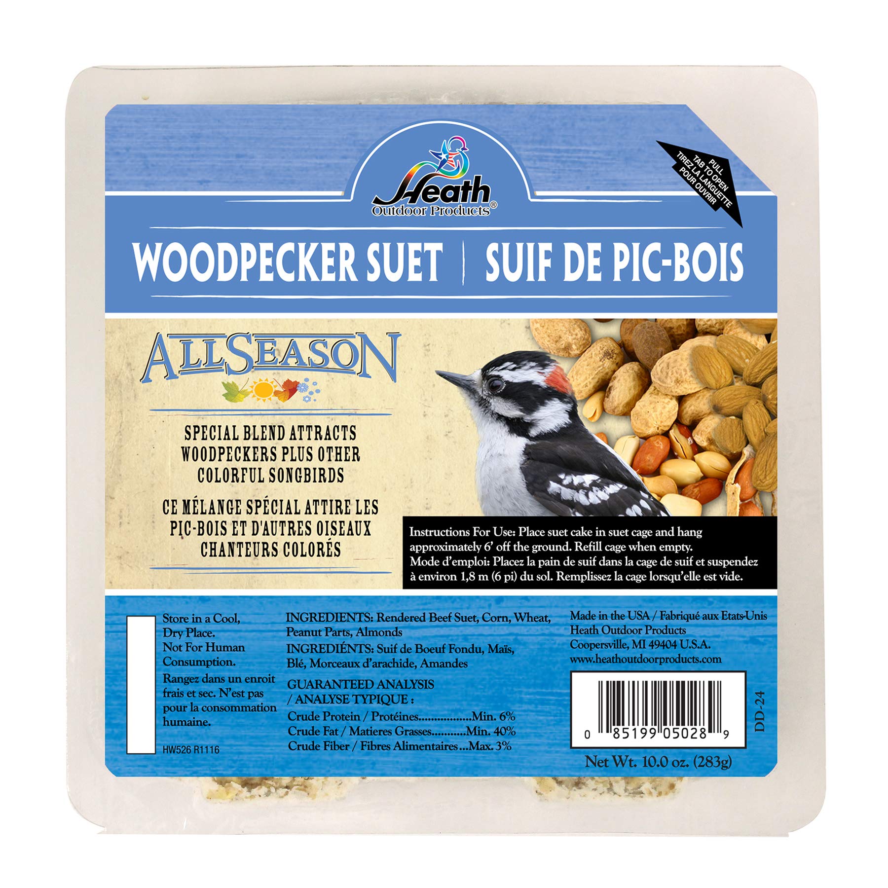 Heath Woodpecker Suet Cake, 5.2in, 10oz, 12 Pack - Blend Attracts Woodpeckers & Songbirds, No Melt
