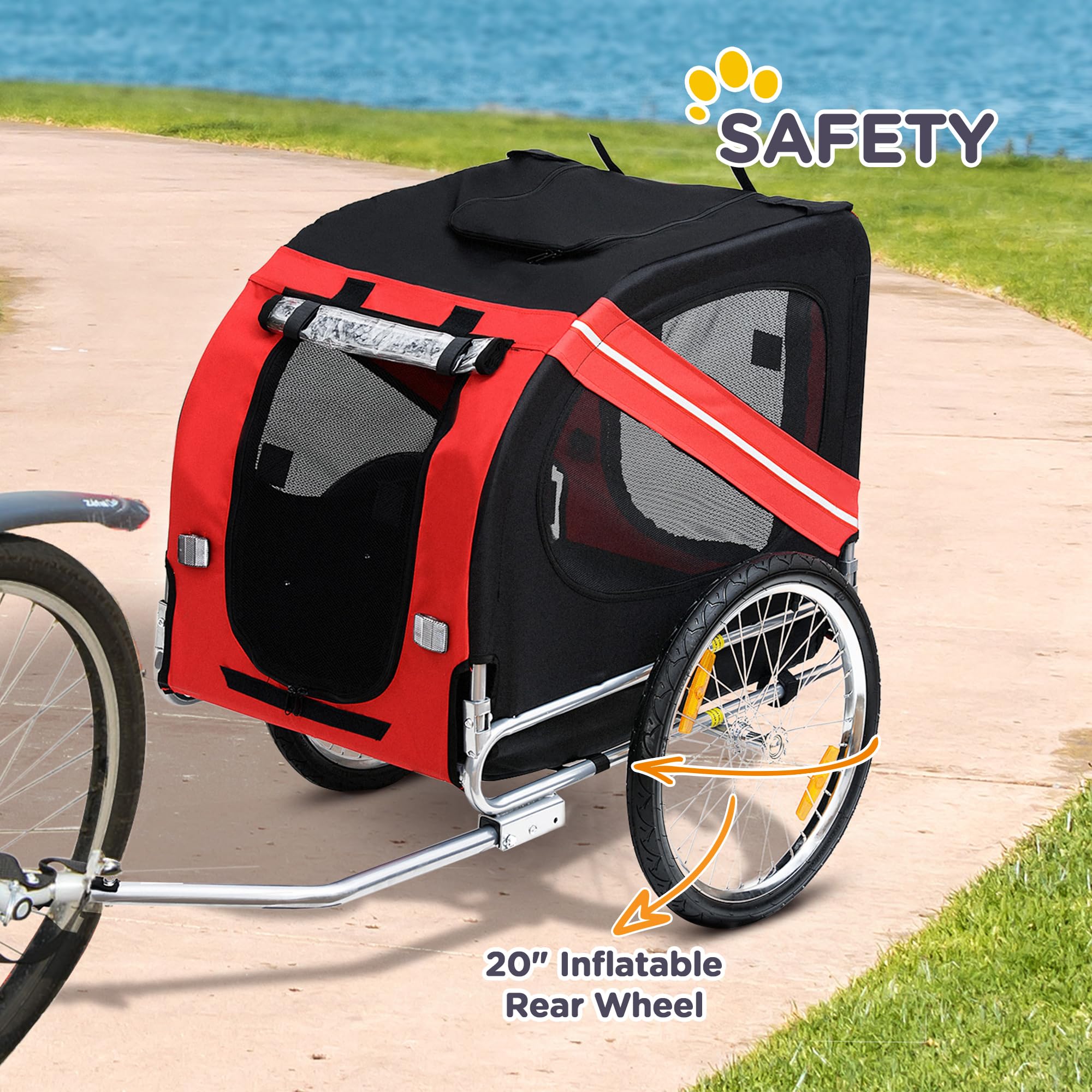 Aosom Dog Bike Trailer Pet Cart Bicycle Wagon Cargo Carrier Attachment For Travel With 3 Entrances Large Wheels For Off-Road & Mesh Screen - Red/Black