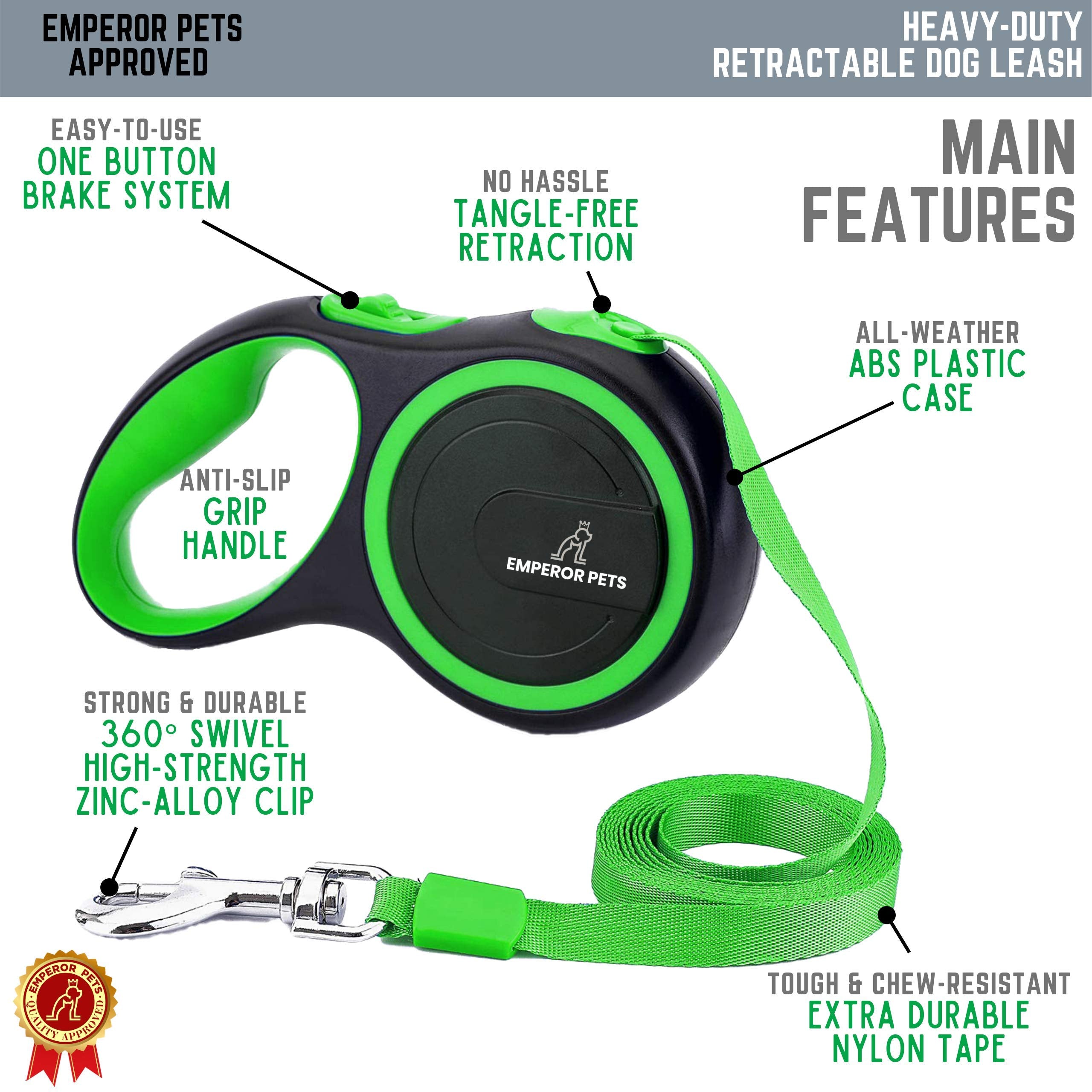 EMPEROR PETS Retractable Dog Leash for Large Dogs, Heavy Duty 26 ft Nylon, Green, Up to 110lb, Model EMP-HQL1-GN26