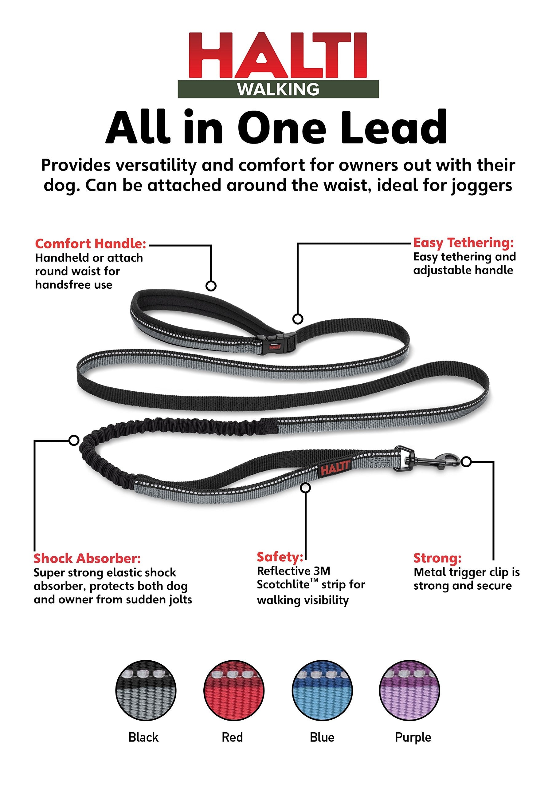 The Company of Animals HALTI Active Leash - Shock-Absorbing Bungee Leash, Large Neoprene Belt, Black/Grey, Model HA032