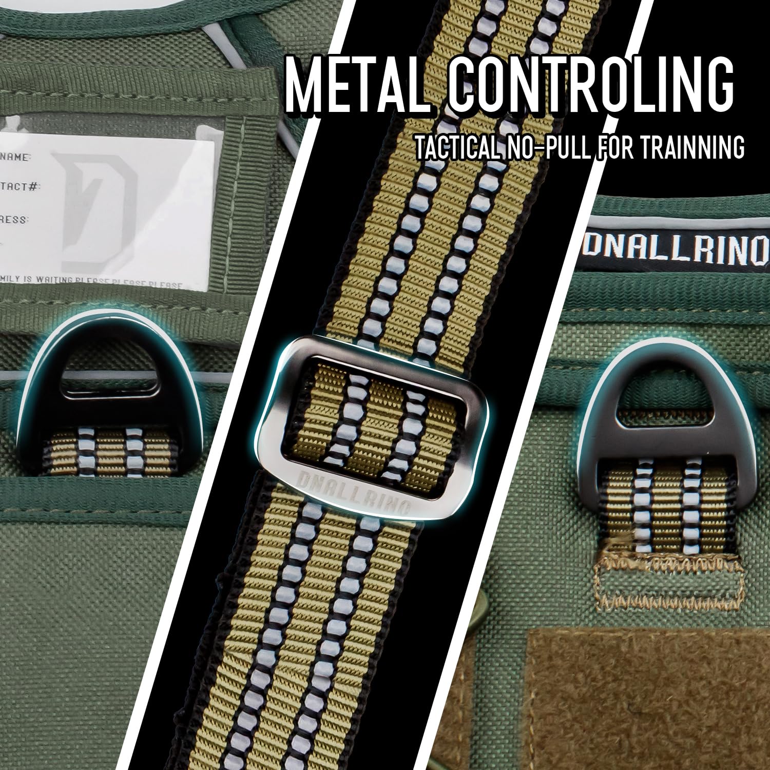 Dnallrino Tactical Dog Harness For Medium Large Dogs, Green Dog Harness With Id Card, Reflective Hiking Harness For Training Eas