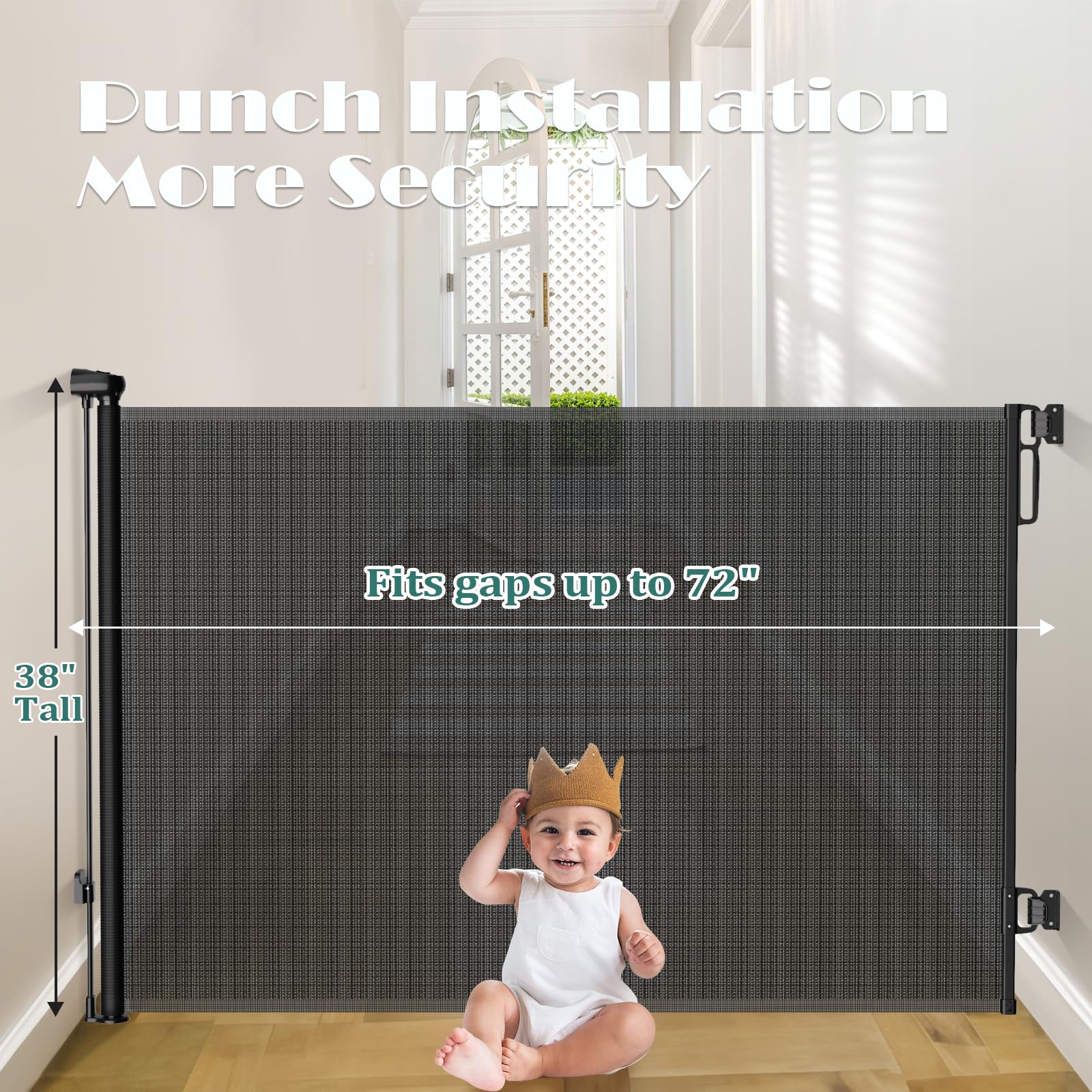 Retractable Baby Gates Extra Wide | 72 Wide x 38 Tall Dog Gates for Stairs | Indoor/Outdoor Use | Child Gates for Doorways, Deck