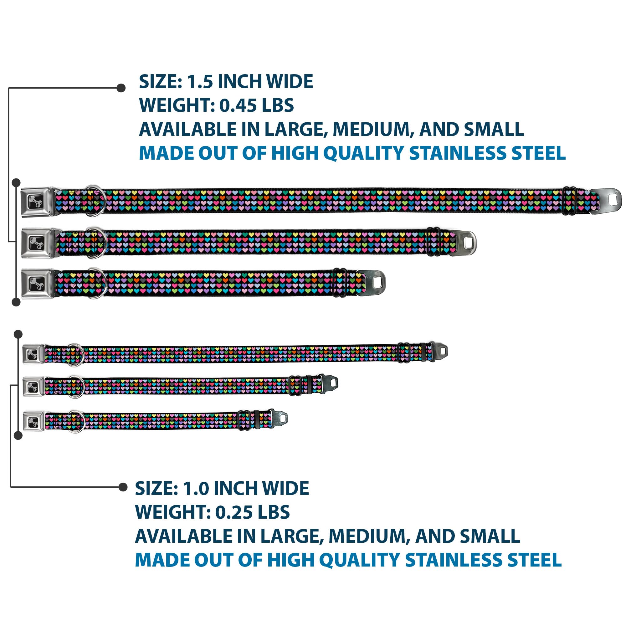 Buckle-Down 15-26 Mini Hearts Black/Multi Color Dog Collar Bone, Large