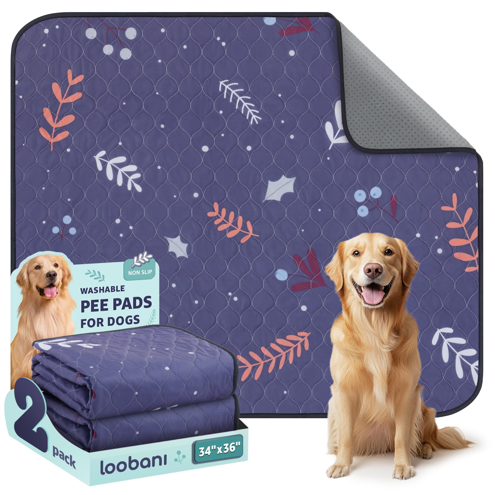 Loobani Pee Pads For Dogs Washable: Large Reusable Puppy Training Pads 34'' X 36'', 2 Pack Absorbent Dog Pee Pads Non-Slip, Wate