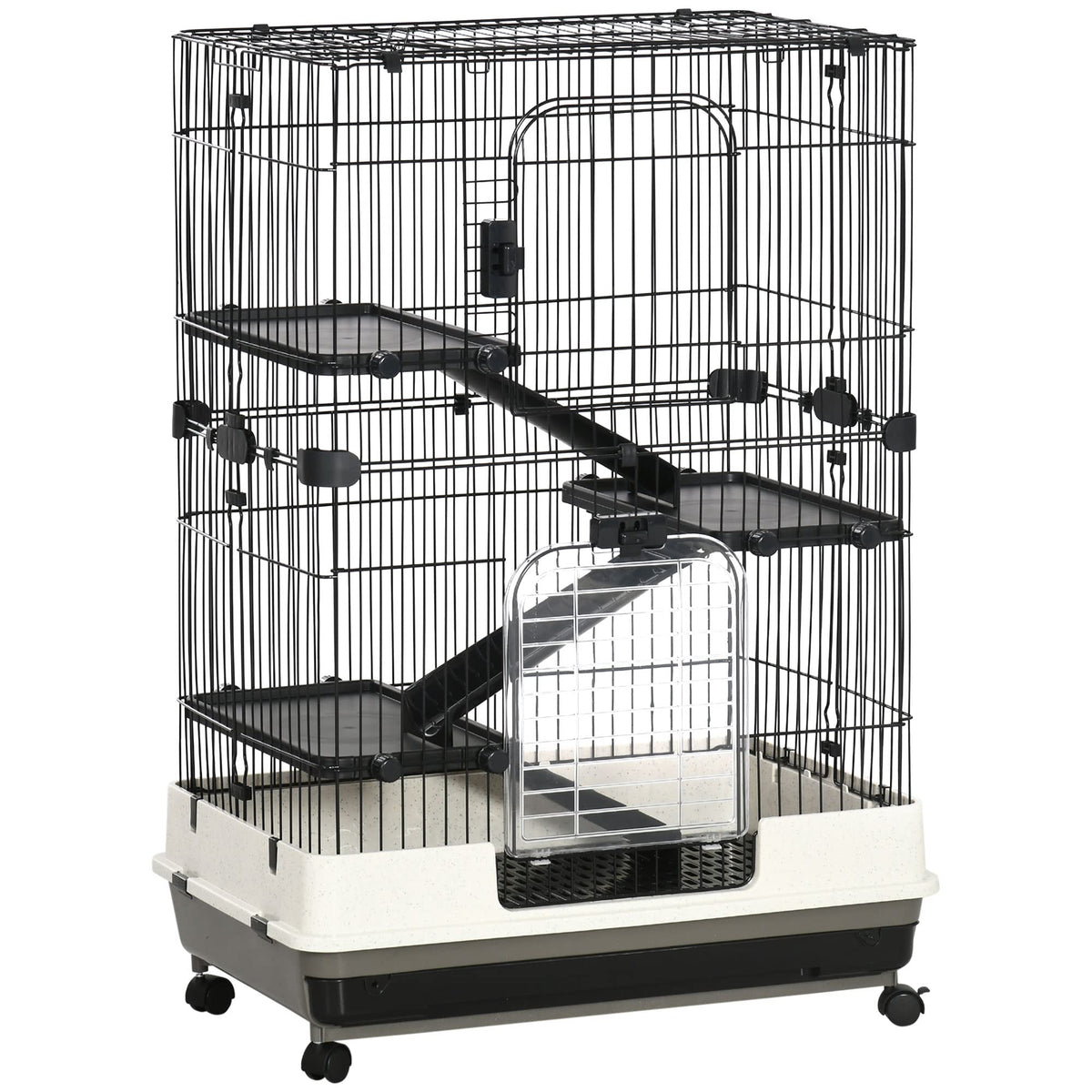 Pawhut 4-Level Small Animal Cage Rabbit Hutch With Wheels, Removable Tray, Platform And Ramp For Bunny, Chinchillas, Ferret, Black