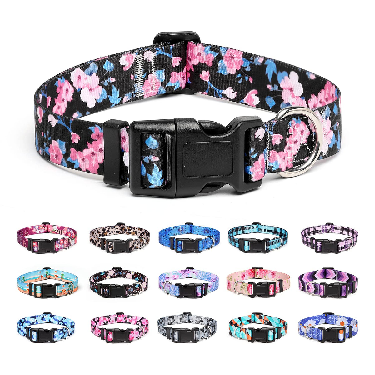 Suredoo Adjustable Dog Collar With Patterns, Ultra Comfy Soft Nylon Breathable Pet Collar For Small Medium Large Dogs (L, Pink Blue Flower)