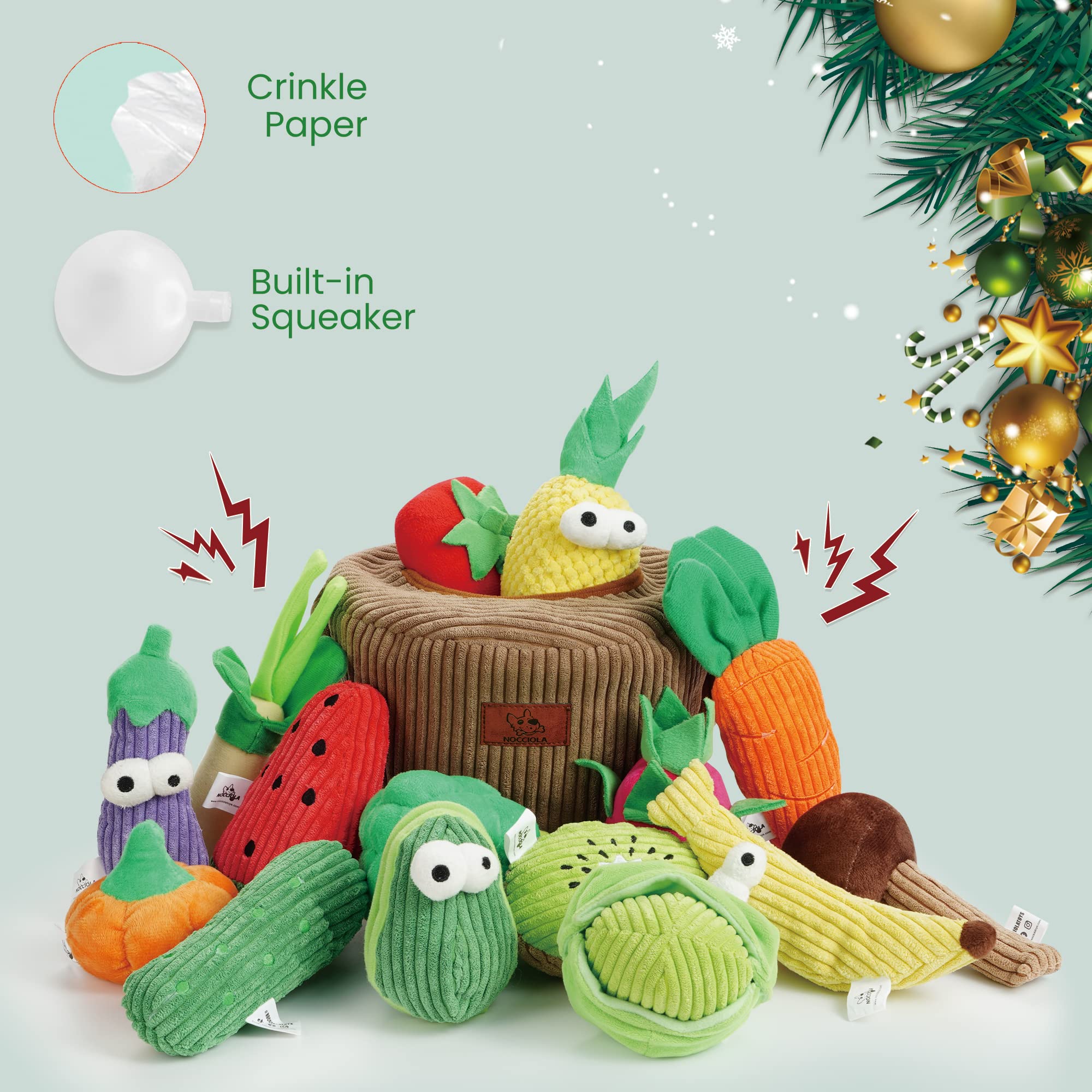 Nocciola Small Squeaky Crinkle Dog Toys- 15 Packs Grocery Basket Fruits Veggies Puppy Toys To Keep Busy, Cute Durable Plush Stuf