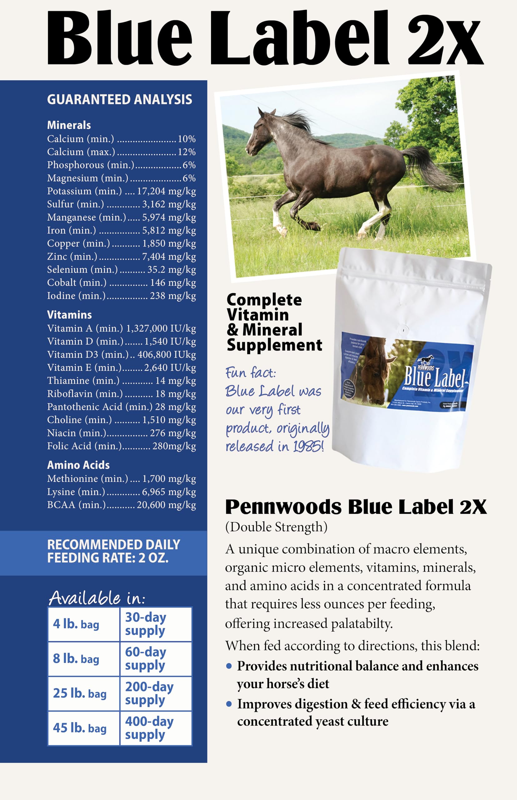 Pennwoods Blue Label Horse Vitamin Supplement - 4 lbs for Strength, Digestion, Weight Gain, and Endurance