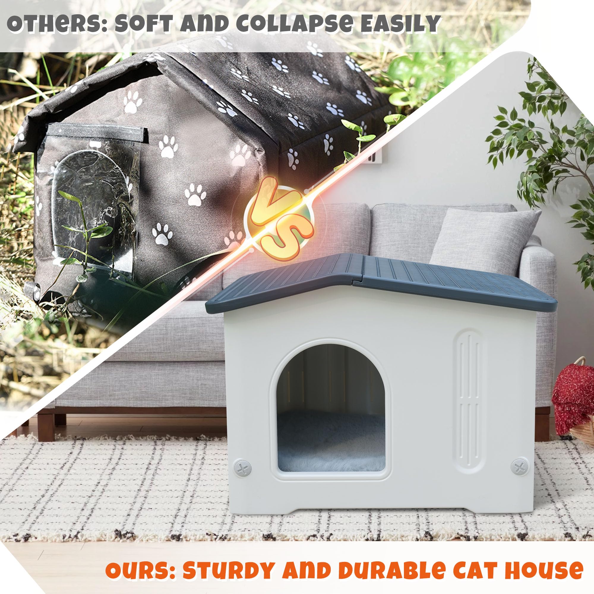 CSQOO Waterproof Outdoor Cat House for Feral Cats, Plastic, Grey with Mat, Model cs4011, Easy Assembly