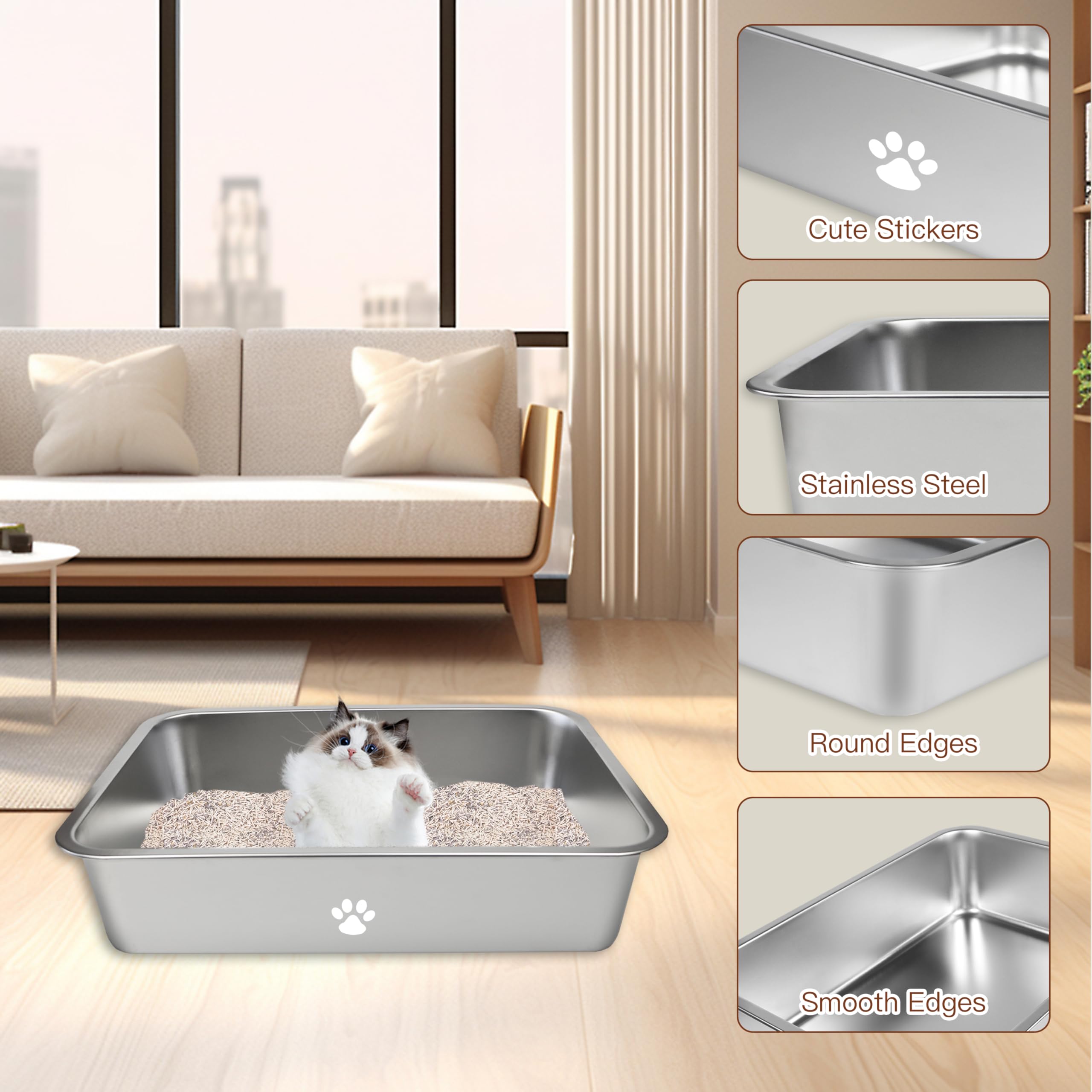 Stainless Steel Cat Litter Box - Metal High Sided Cat Litter Pan,Large Stainless Steel Box,Smooth Surface,Rust Proof,Non-Stick,