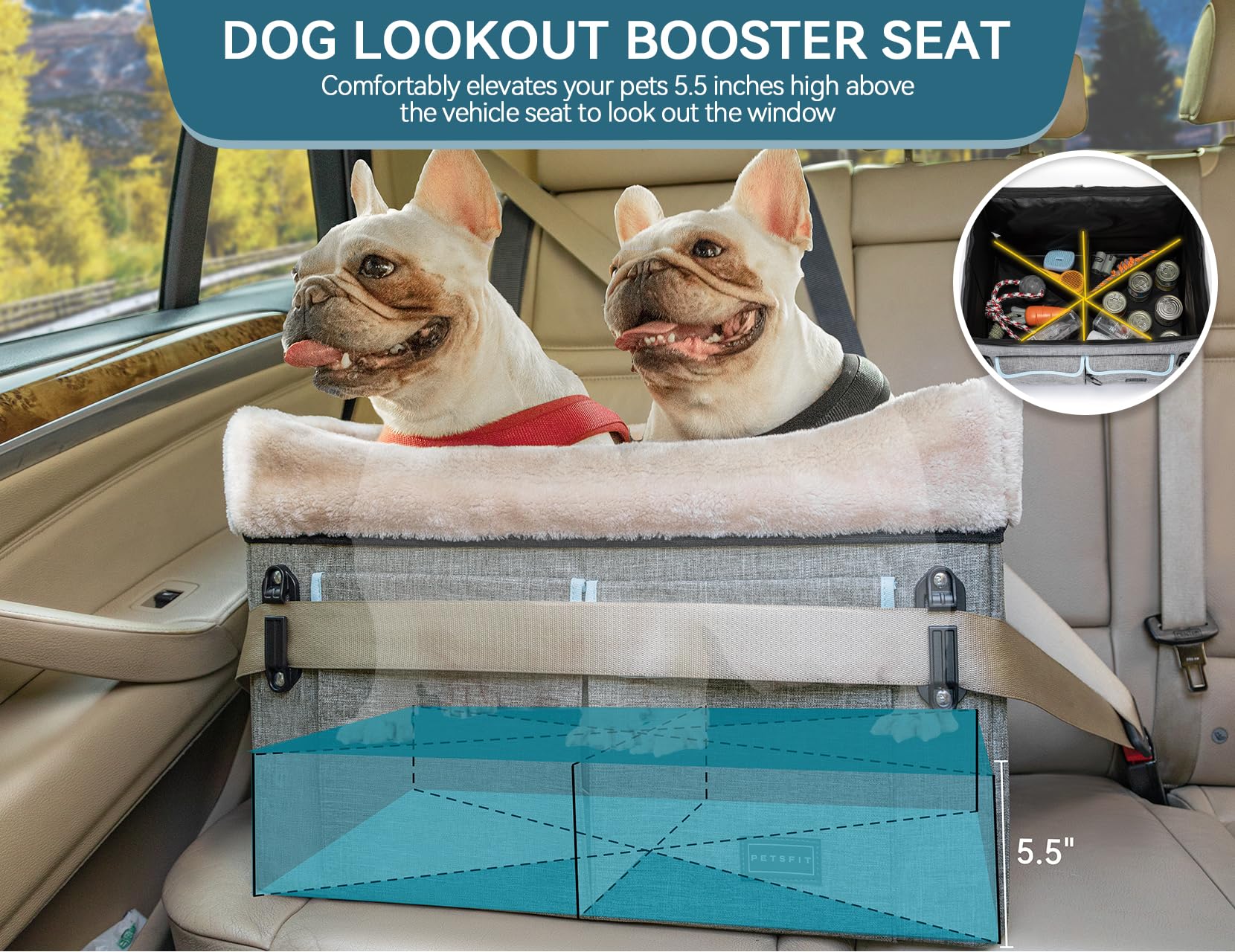 Petsfit Dog Car Seat Medium Sized Dog Or 2 Small Dogs With Patent Buckles, Washable Pad, Dog Booster Car Seat For Dogs Up To 45